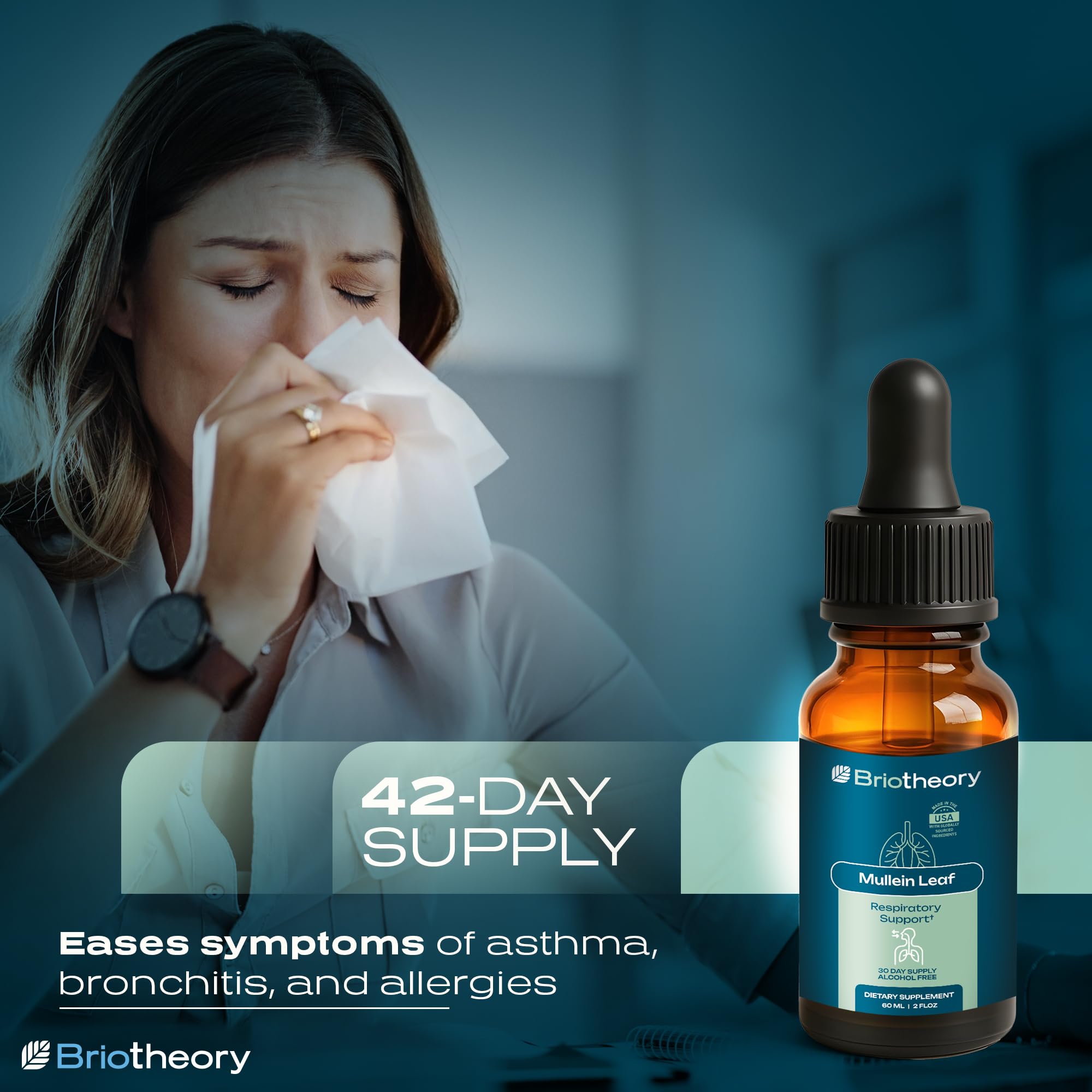 BRIOTHEORY Mullein Leaf Extract Tincture 1000mg with glass of water