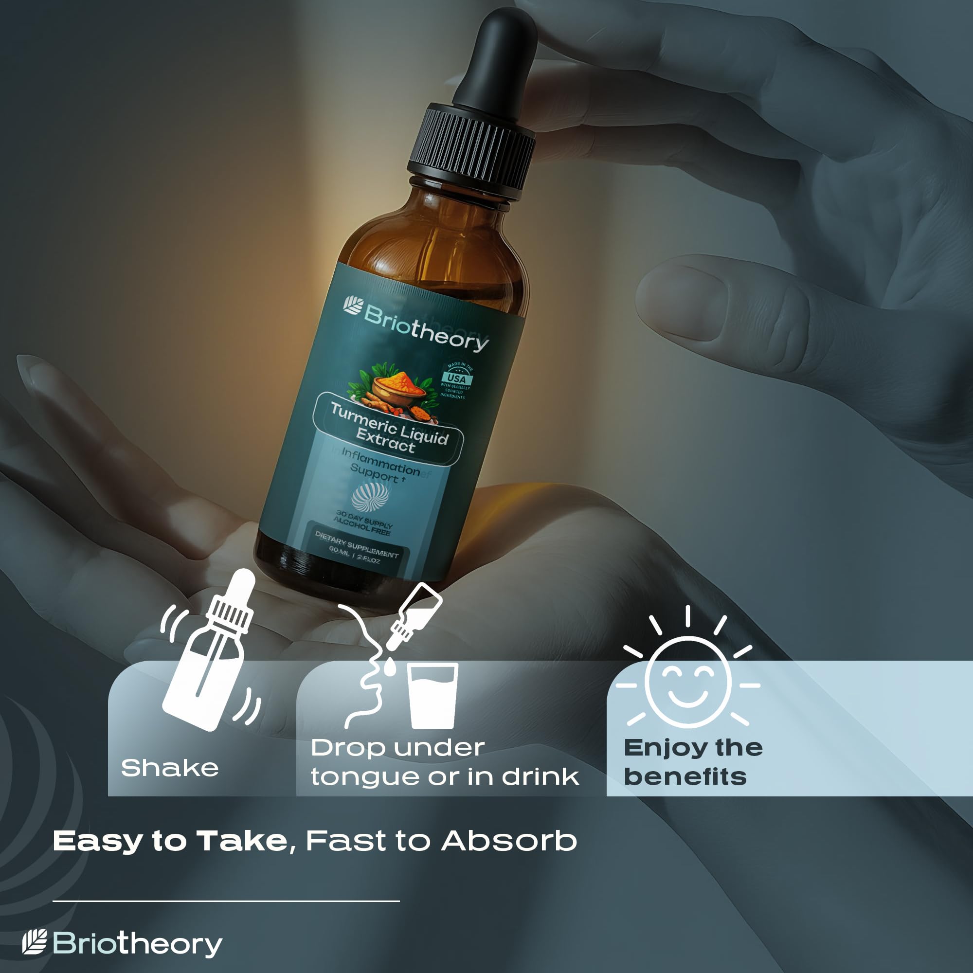 BRIOTHEORY Turmeric Root Extract Tincture bottle with dropper