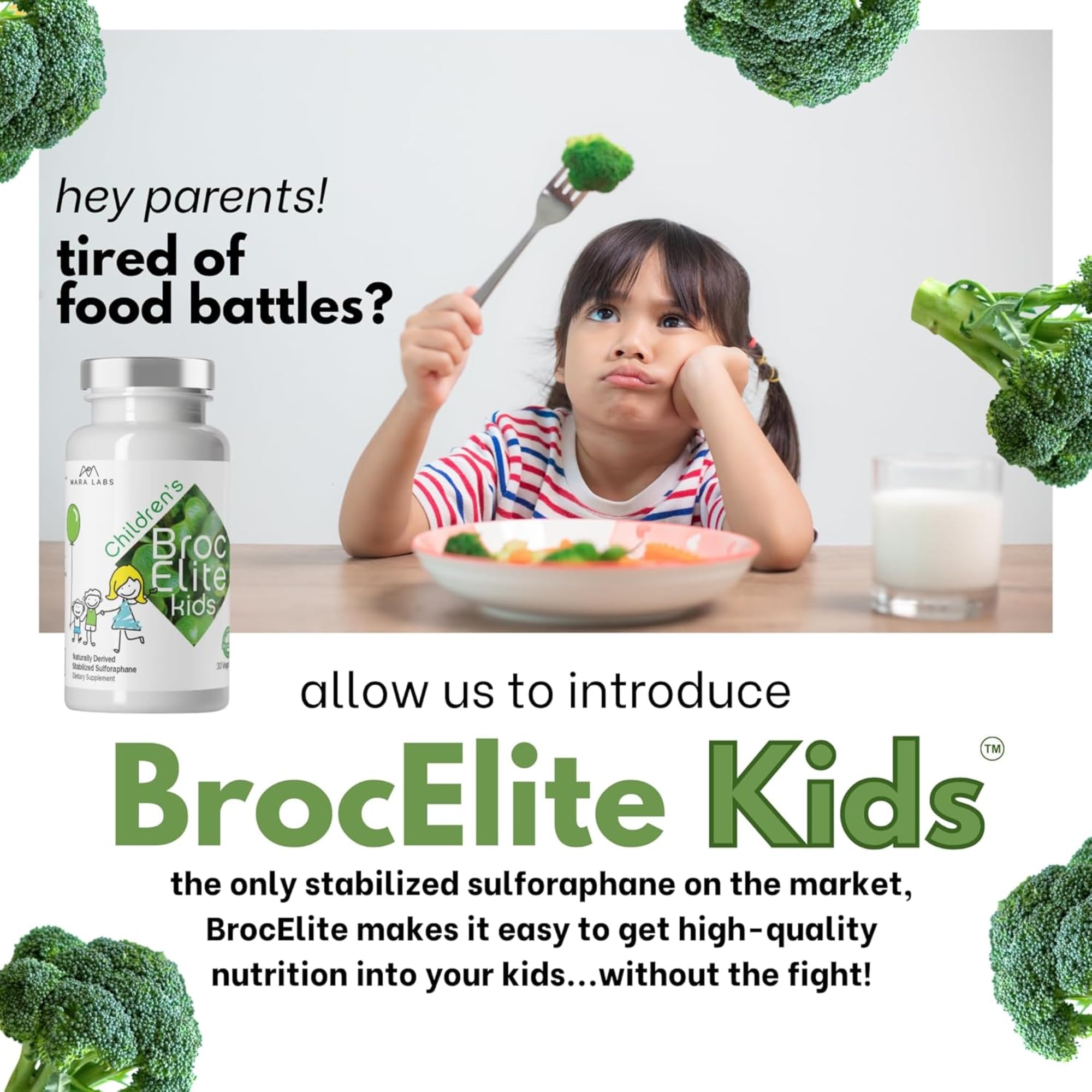 BrocElite Kids supplement side view with dosage information