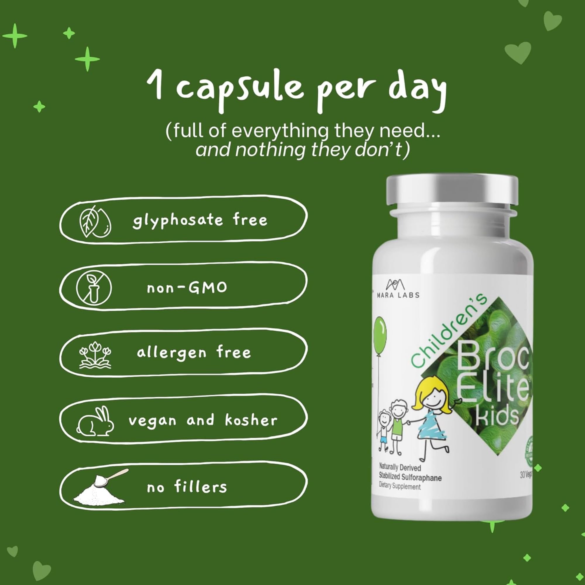 BrocElite Kids supplement with broccoli background
