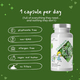 BrocElite Kids supplement with broccoli background