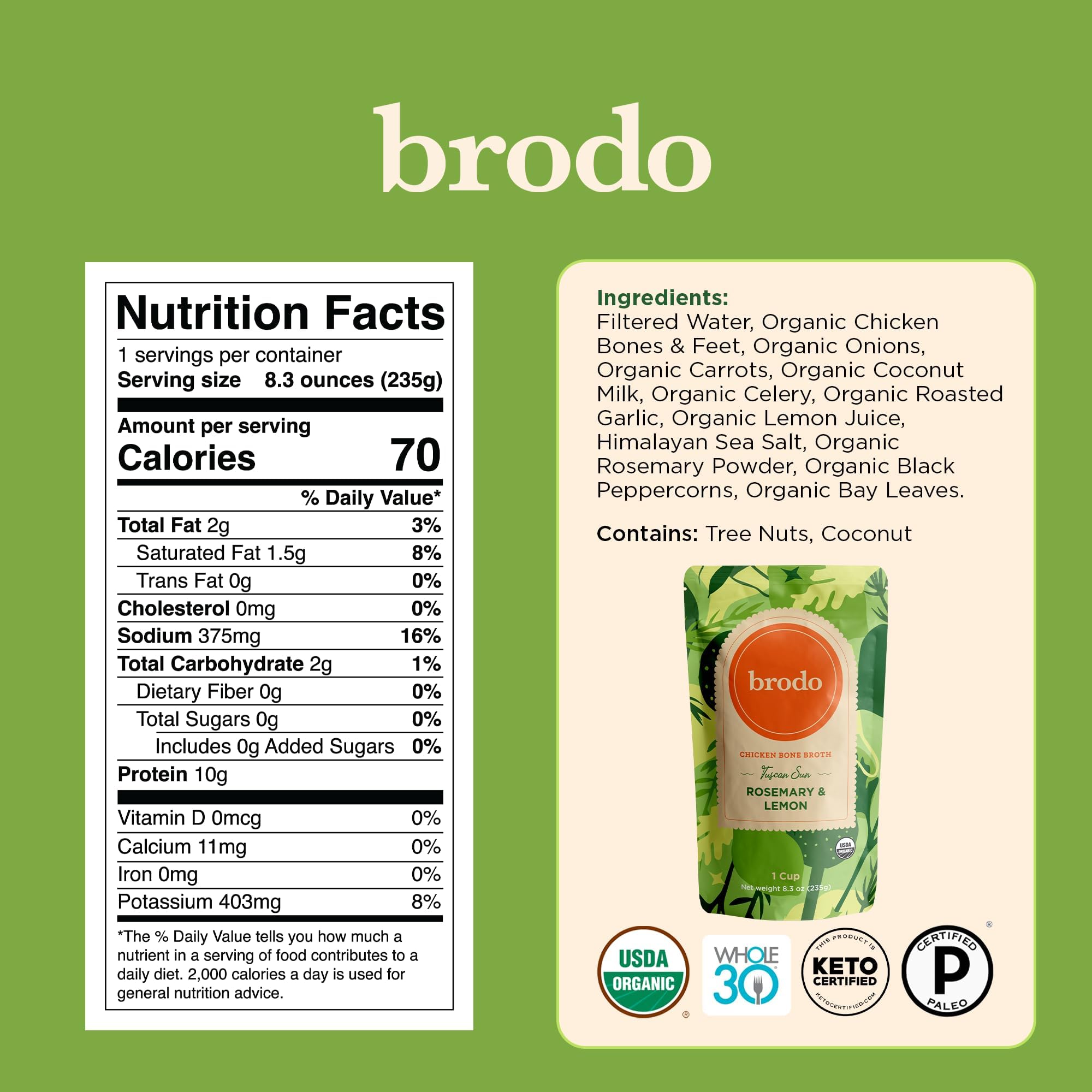 Brodo Organic Variety Collagen Bone Broth ingredients close-up