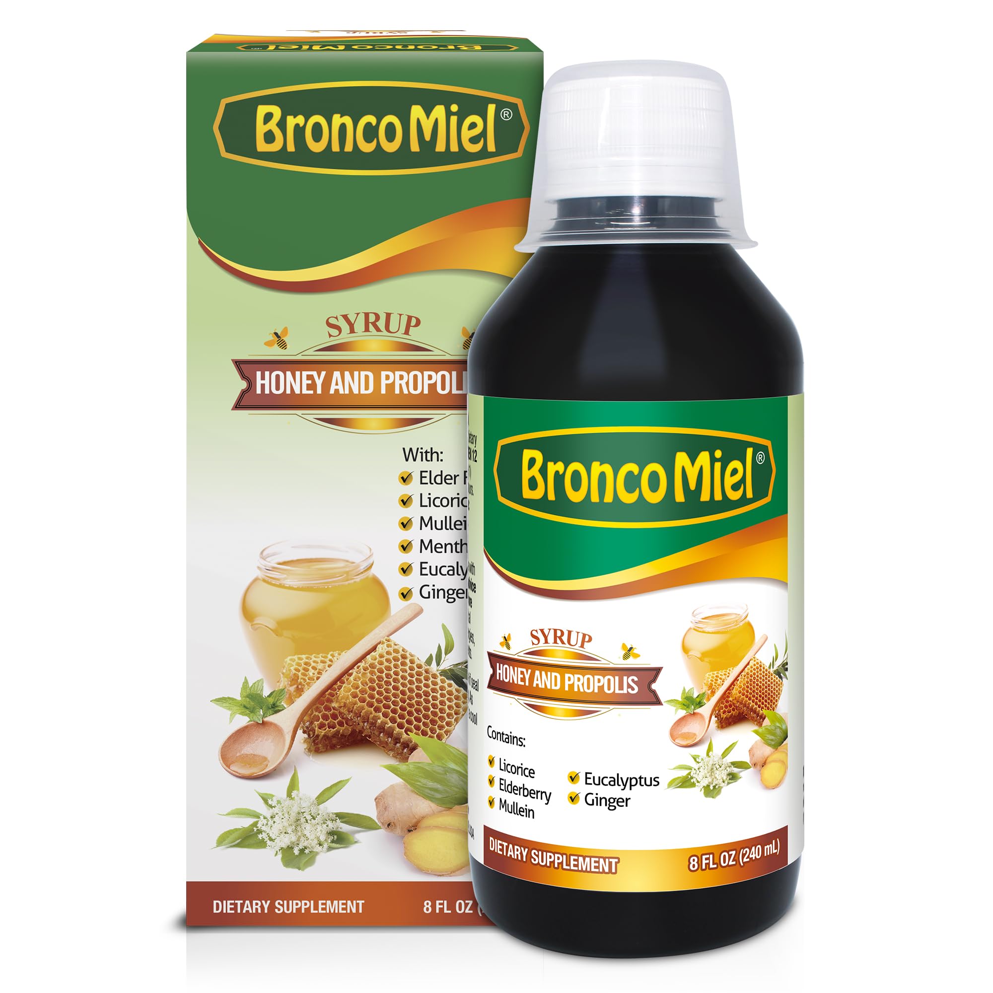 BRONCOMIEL Honey Propolis & Elderflower Syrup 8 fl oz front view