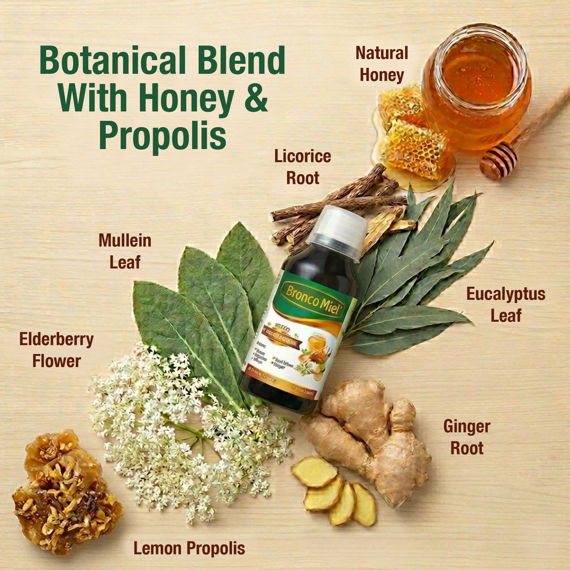 BRONCOMIEL Honey Propolis & Elderflower Syrup with a spoon