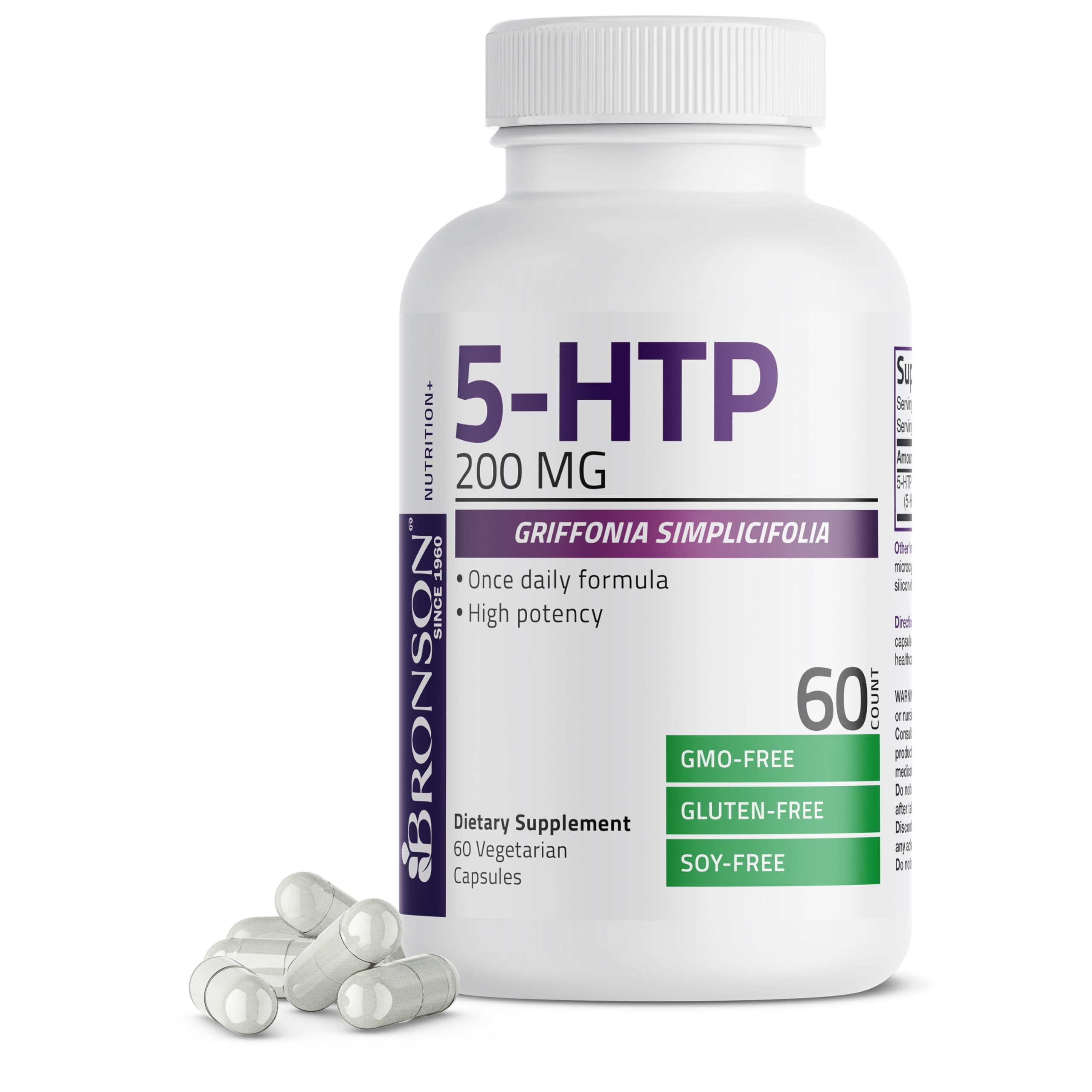 Bronson 5-HTP 200 MG Vegetarian Capsules front view