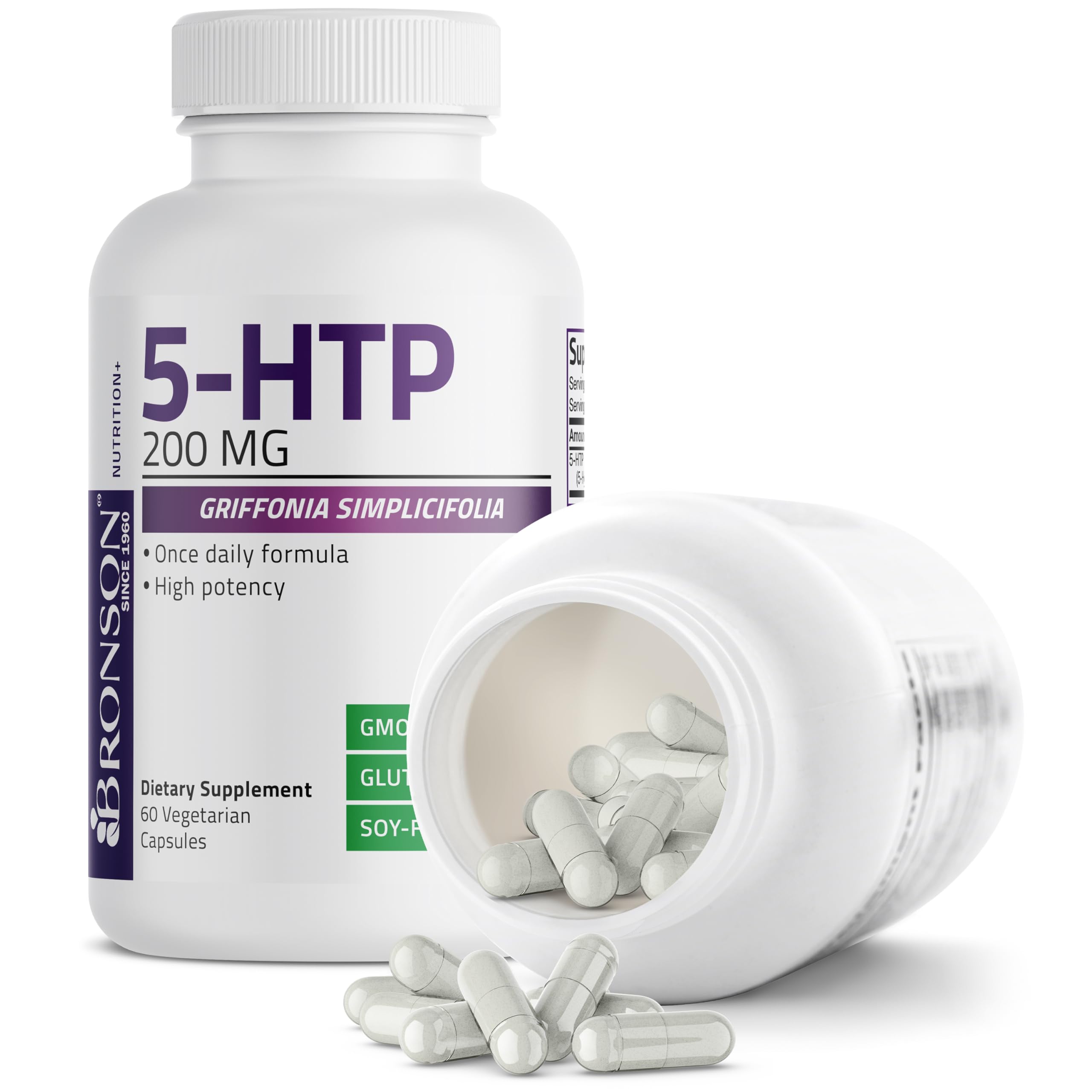 Bronson 5-HTP 200 MG Vegetarian Capsules opened bottle