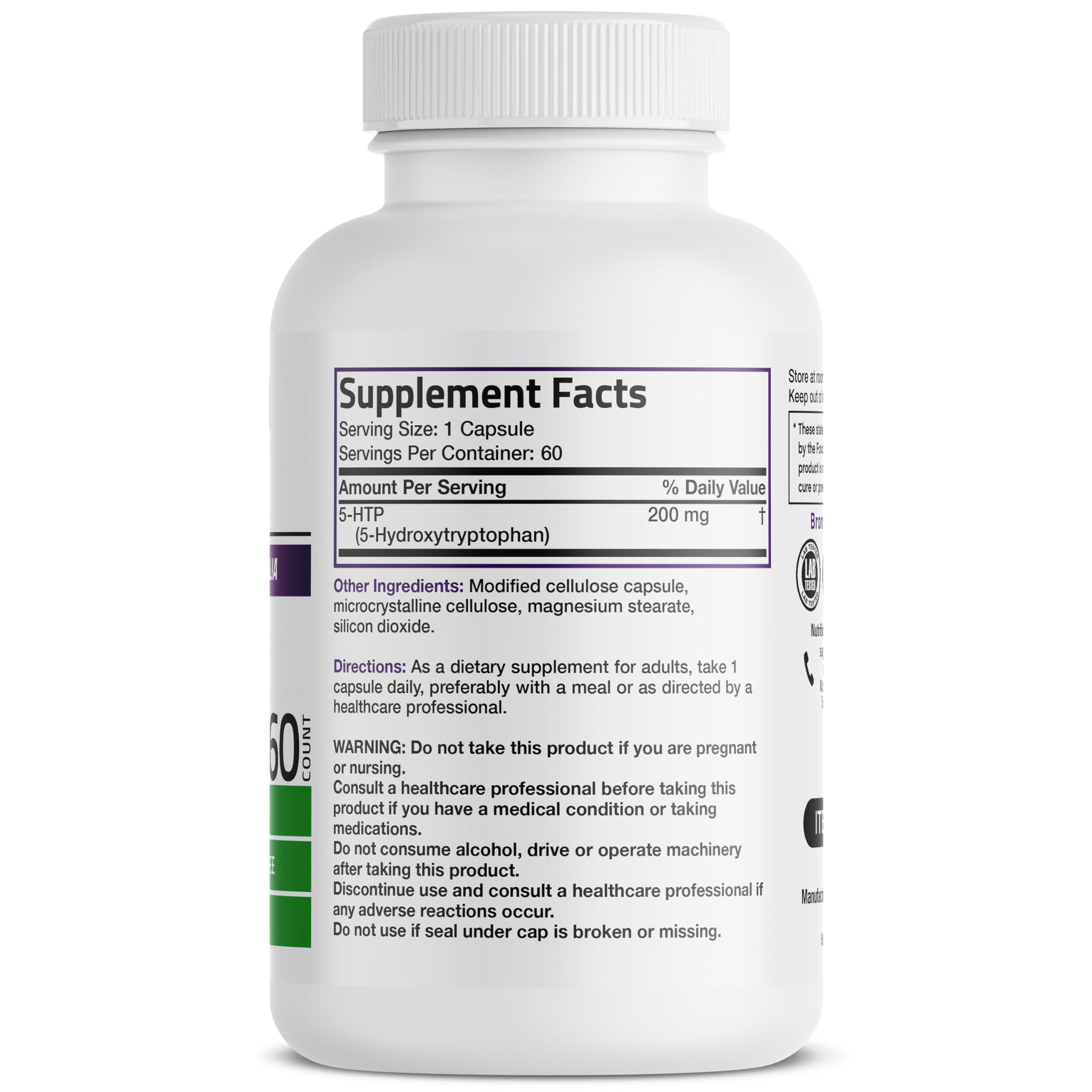 Bronson 5-HTP 200 MG Vegetarian Capsules side view