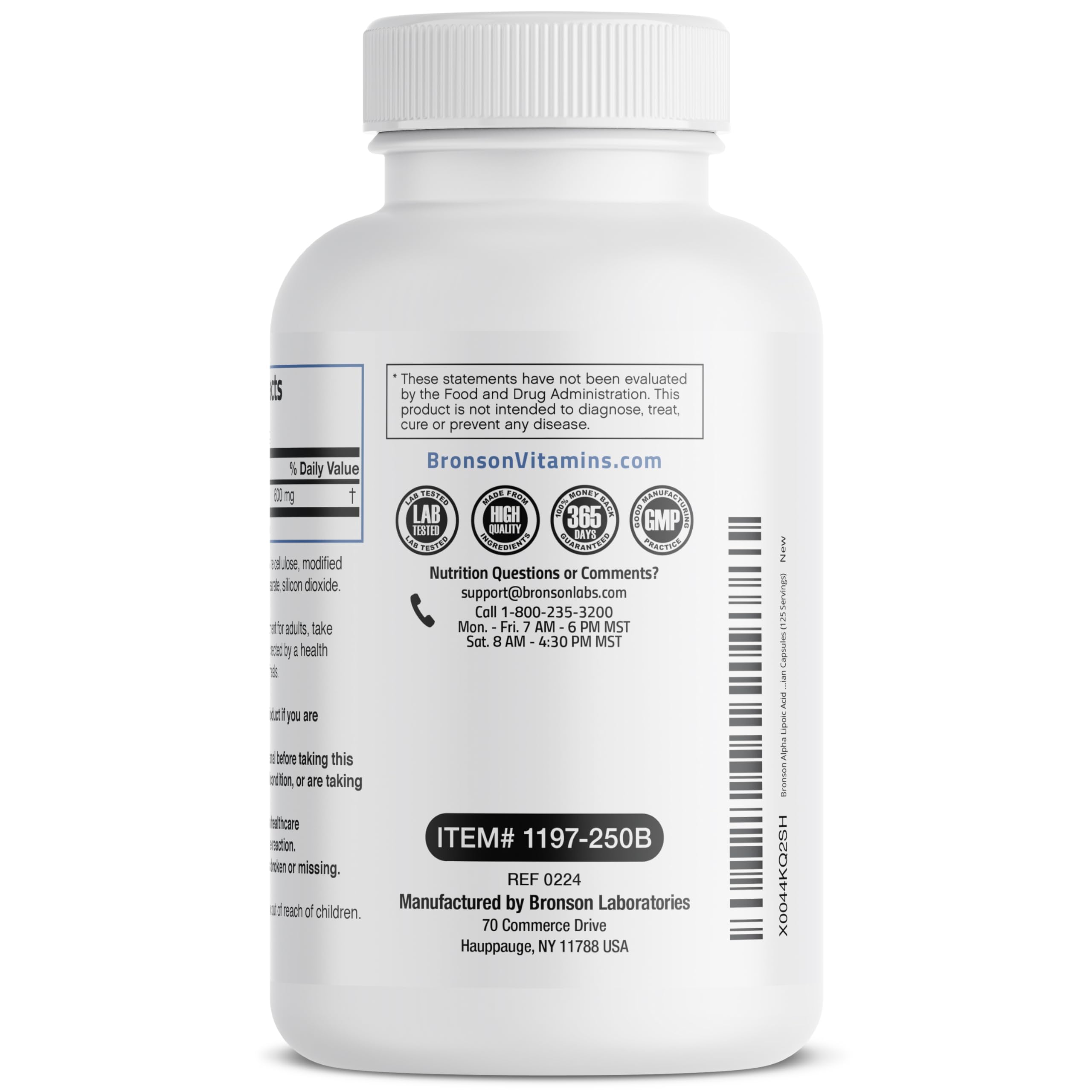 Bronson Alpha Lipoic Acid 600 MG vegan capsules on a wooden table