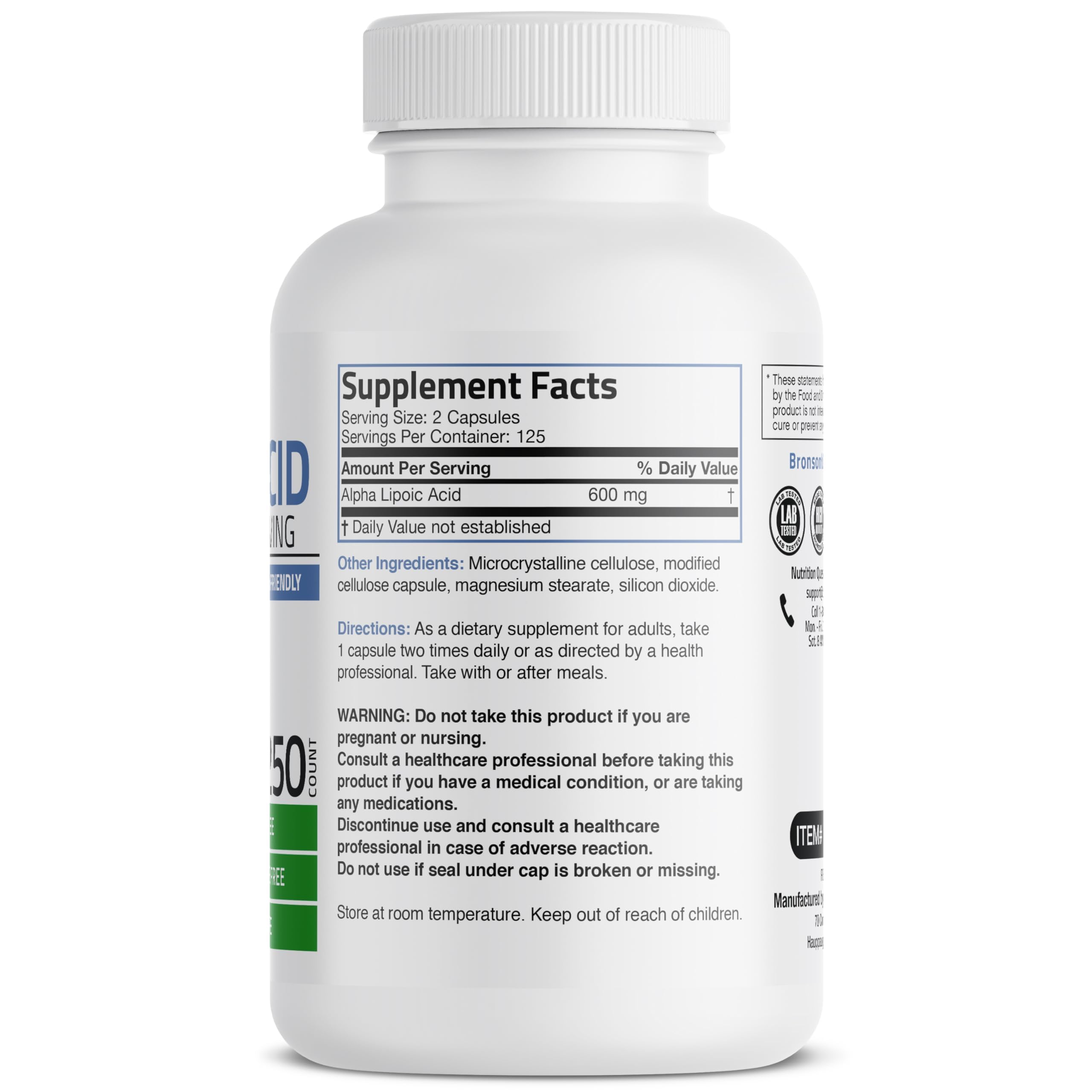 Bronson Alpha Lipoic Acid 600 MG vegan capsules side view