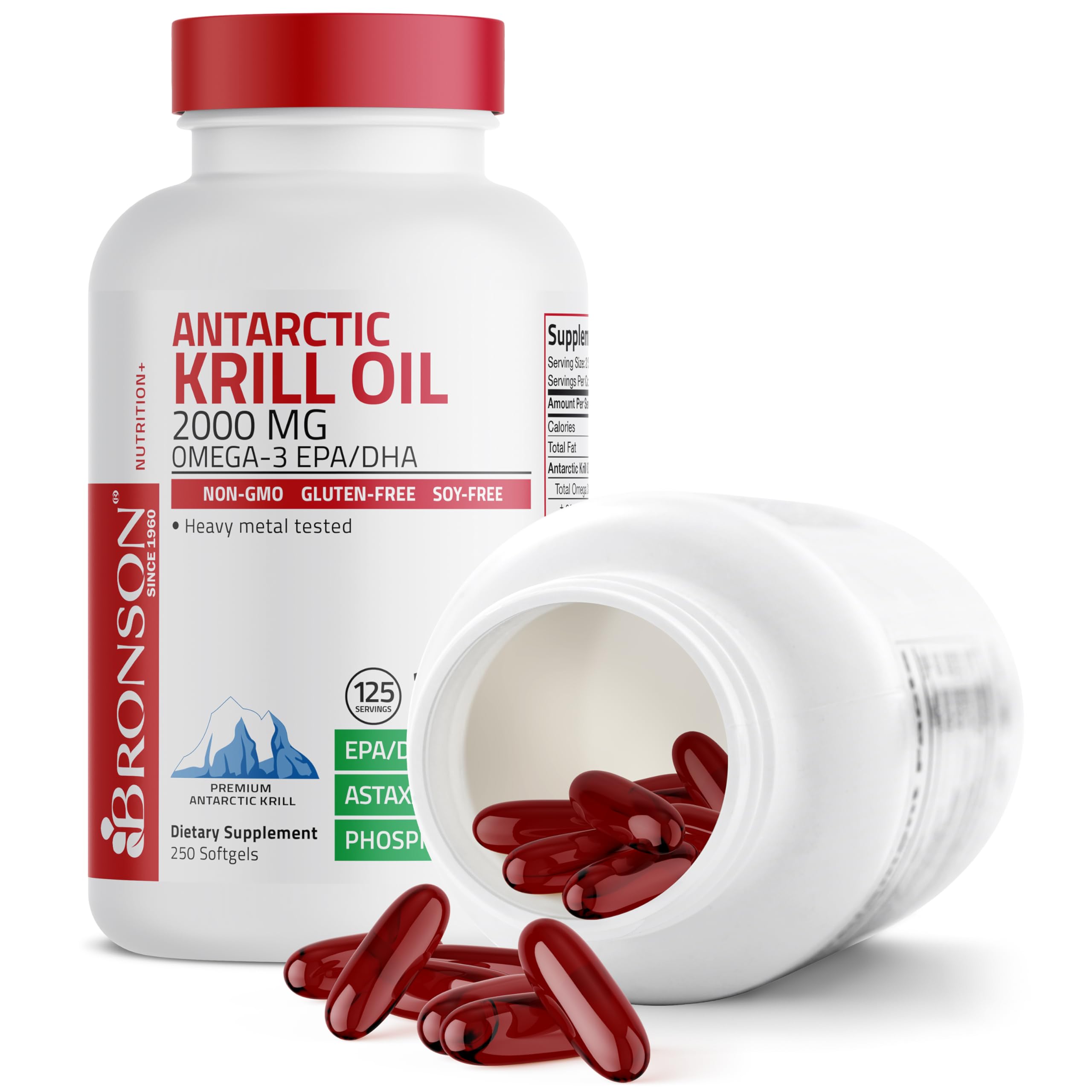 Bronson Antarctic Krill Oil 2000mg softgels on a wooden table