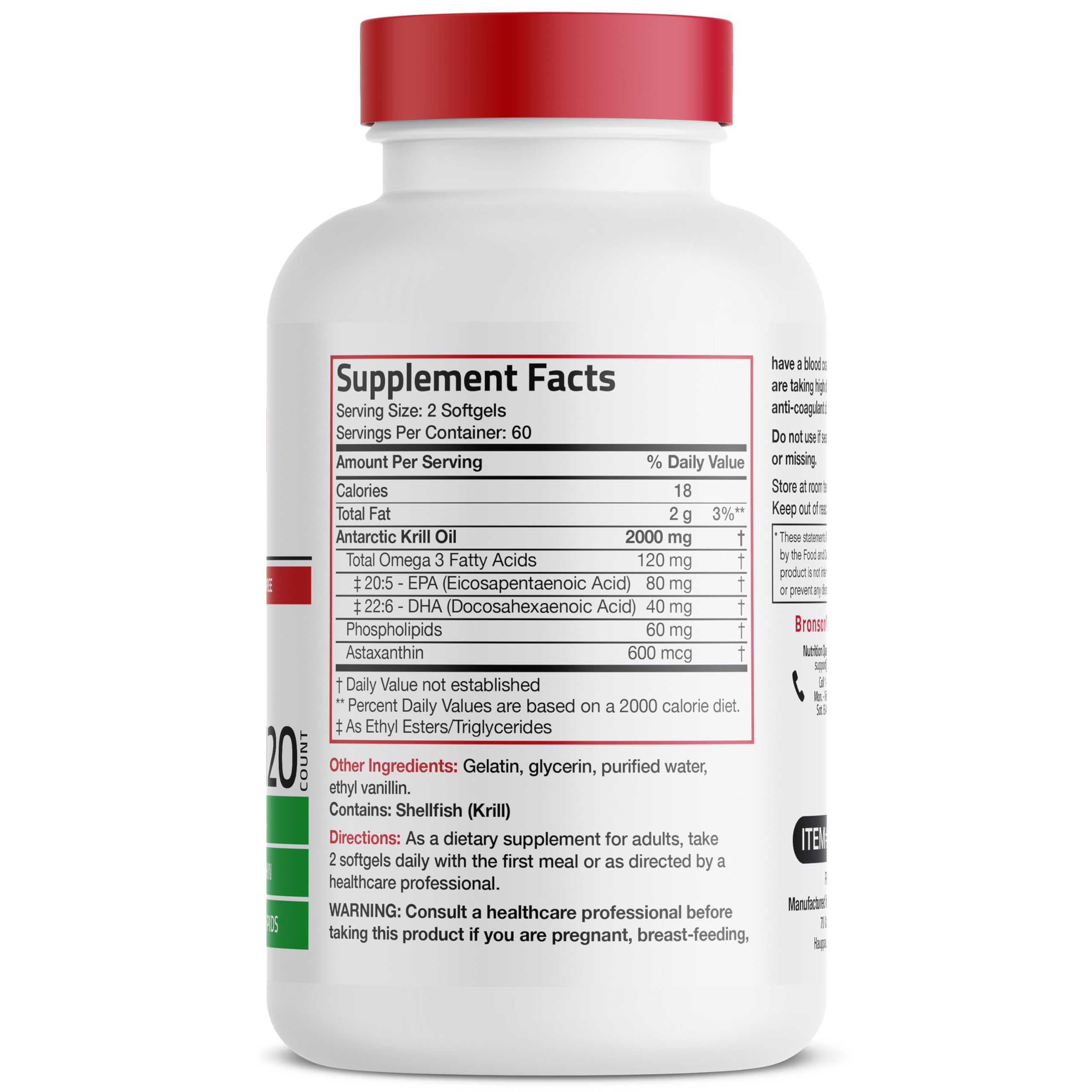 Bronson Antarctic Krill Oil 60 softgels bottle side view