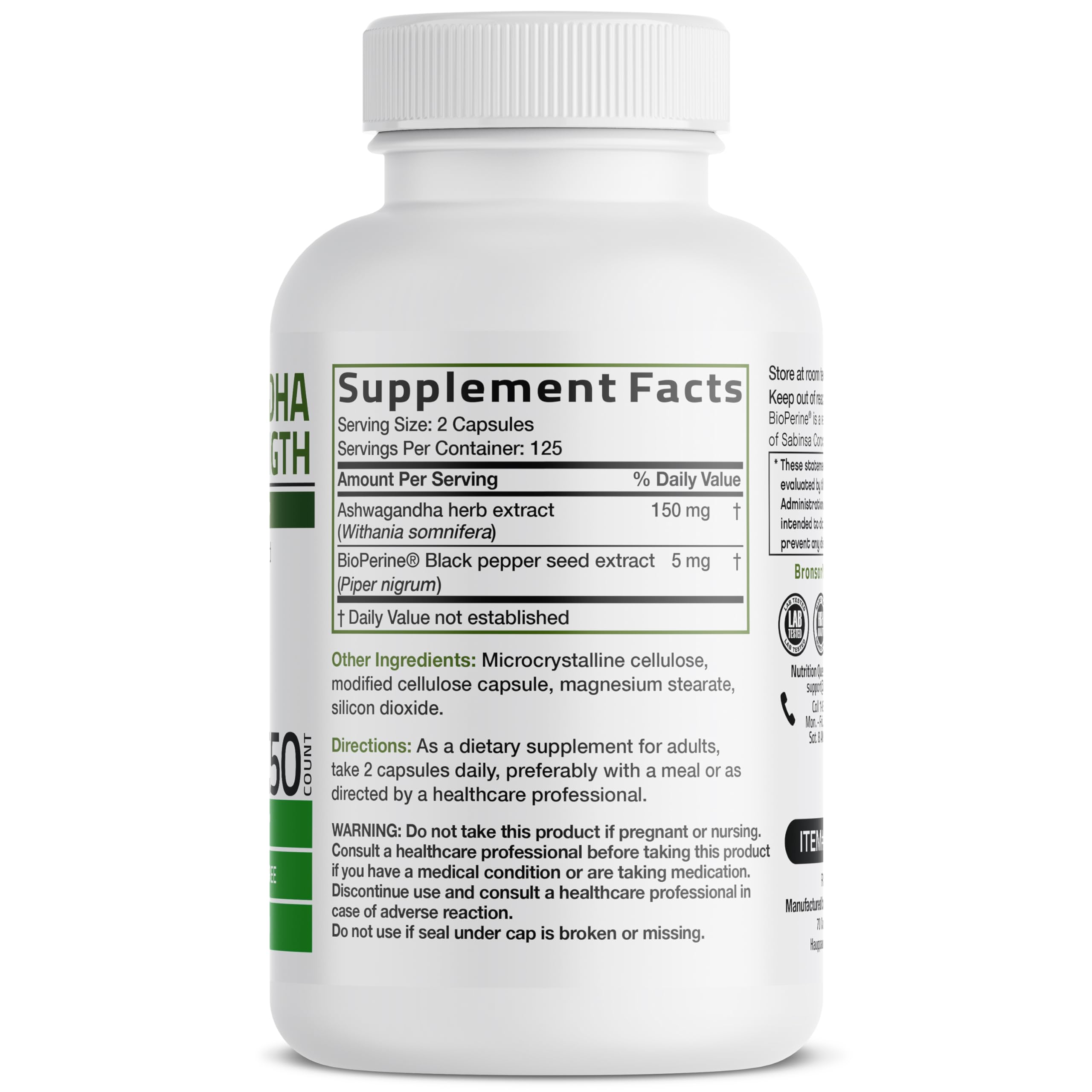 Bronson Ashwagandha Extra Strength 60 capsules side view