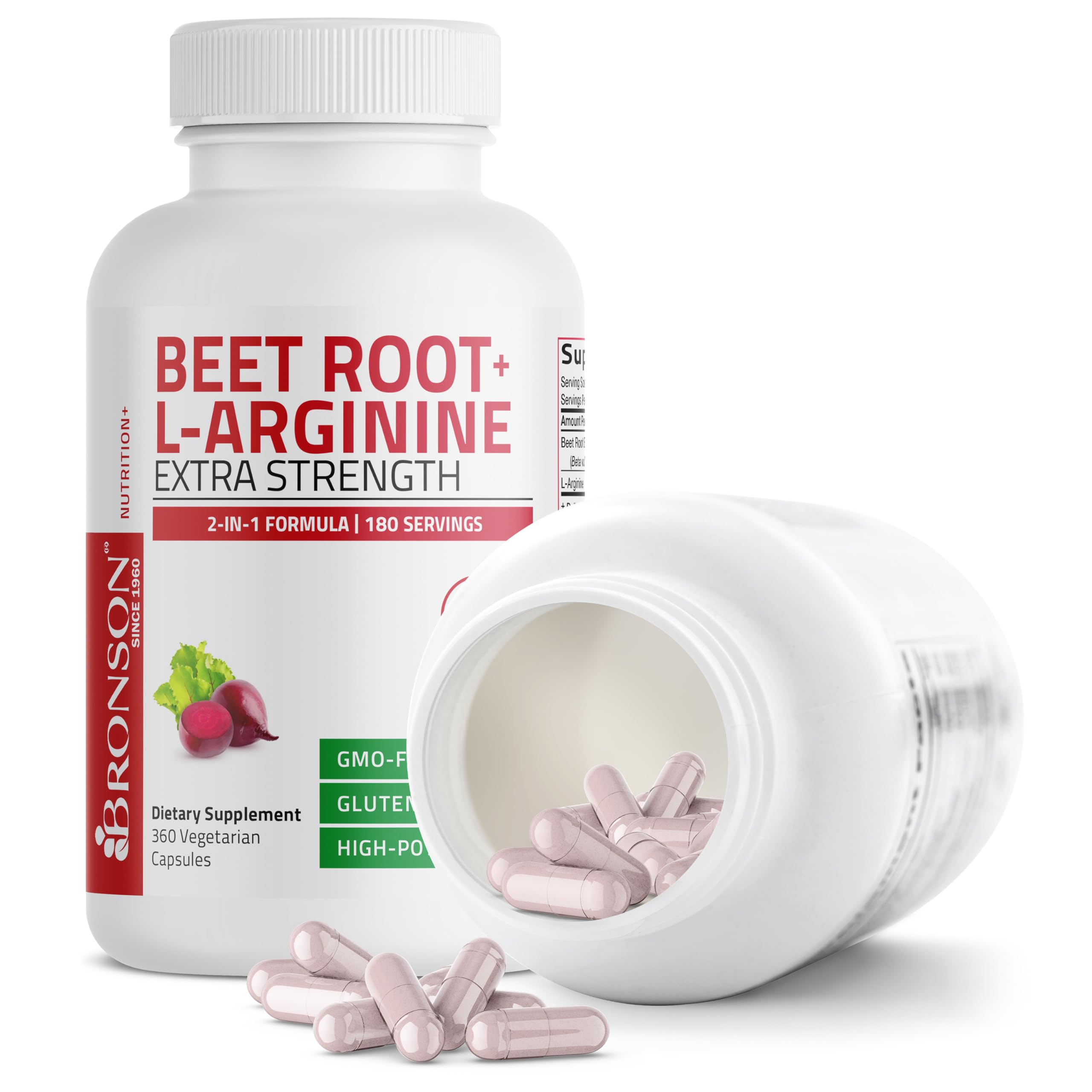 Bronson Beet Root + L-Arginine 2000mg capsules on a wooden table