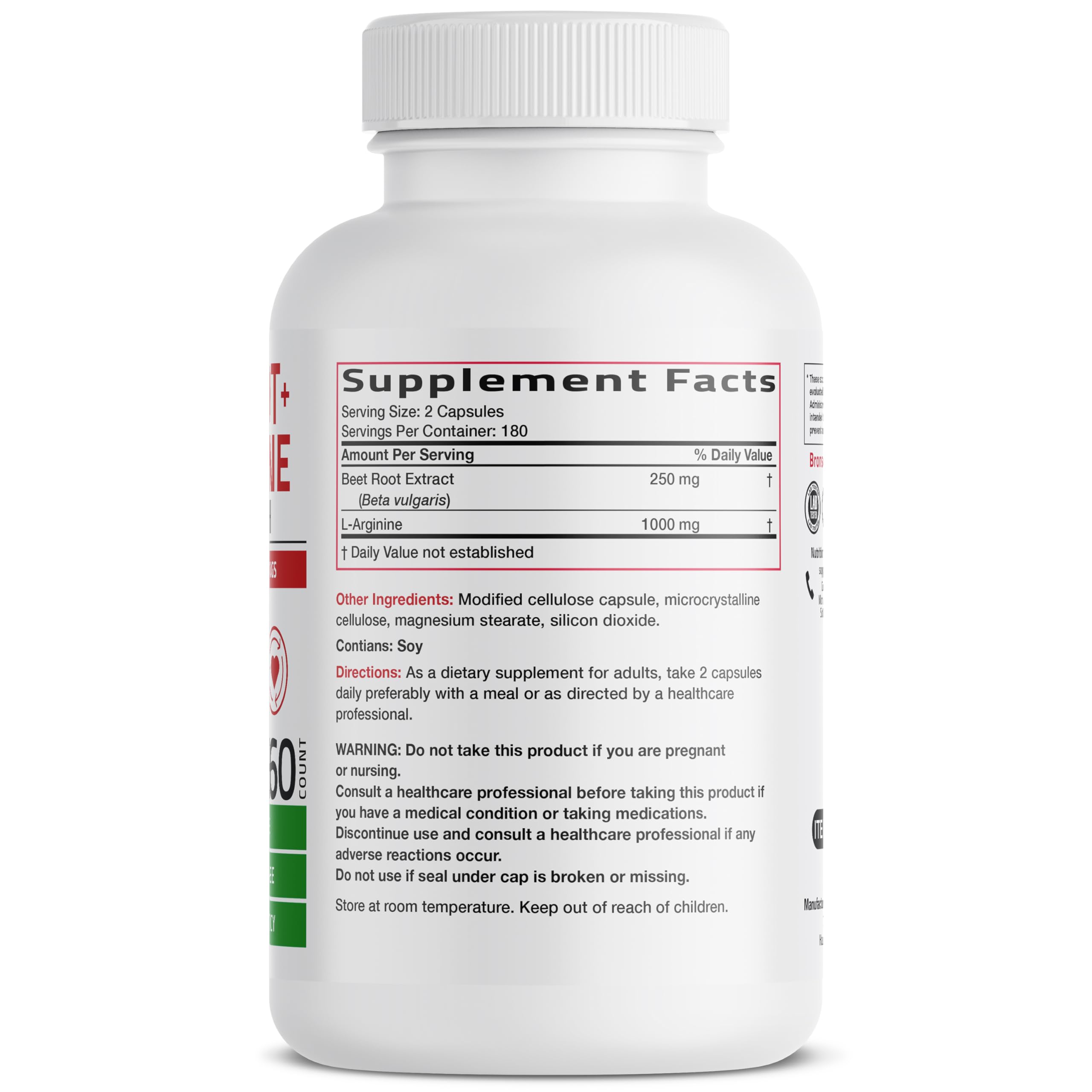 Bronson Beet Root + L-Arginine 2000mg capsules side view