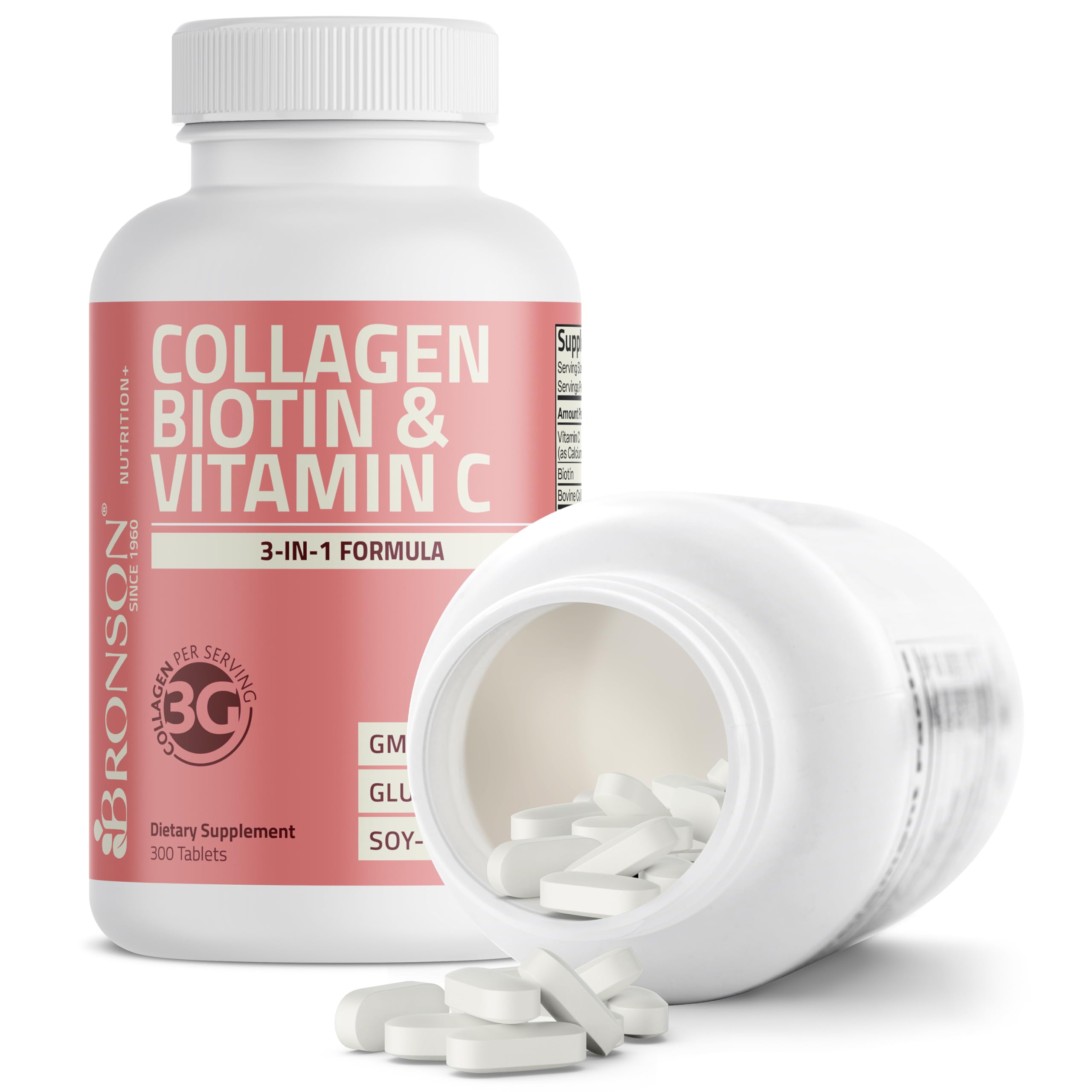 Bronson Collagen Biotin & Vitamin C tablets on a wooden table