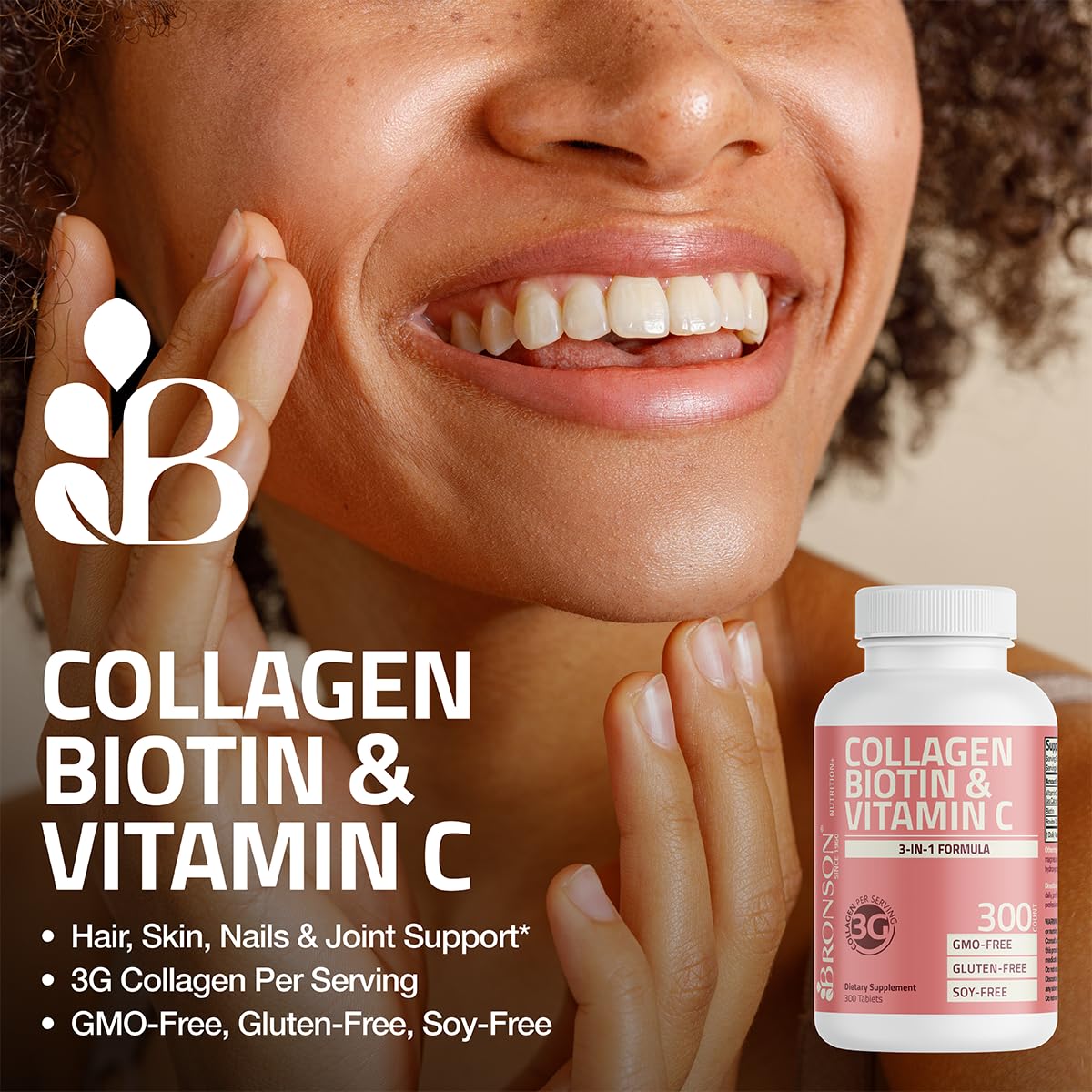 Bronson Collagen Biotin & Vitamin C tablets side view
