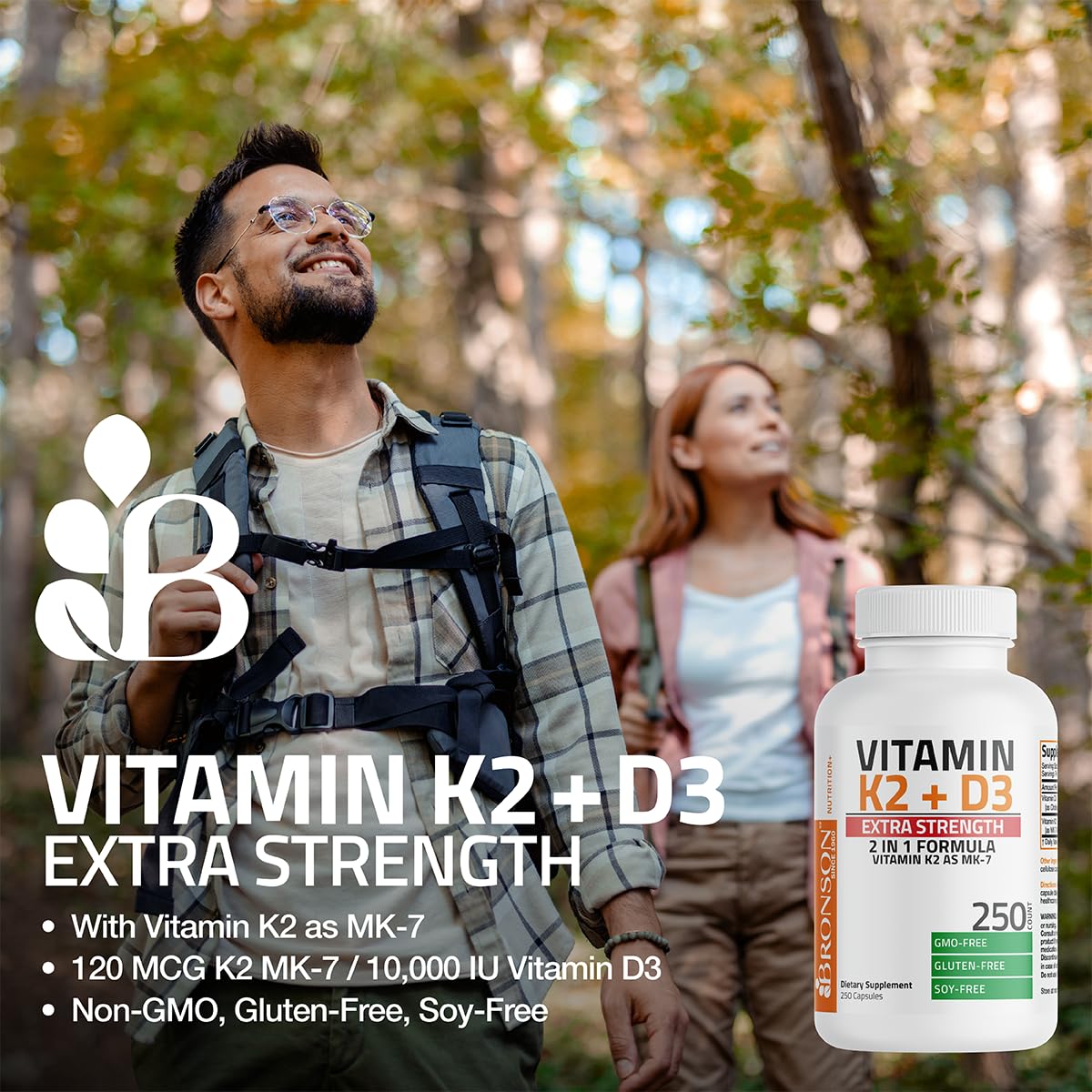 Bronson Extra Strength K2 + D3 10000 IU capsules back view