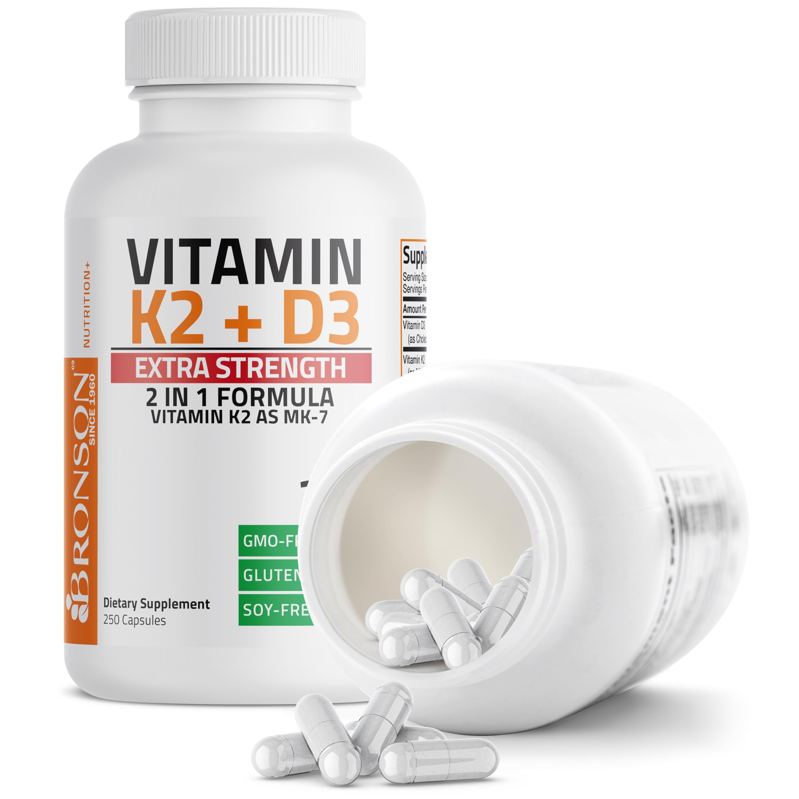 Bronson Extra Strength K2 + D3 10000 IU capsules on a wooden table