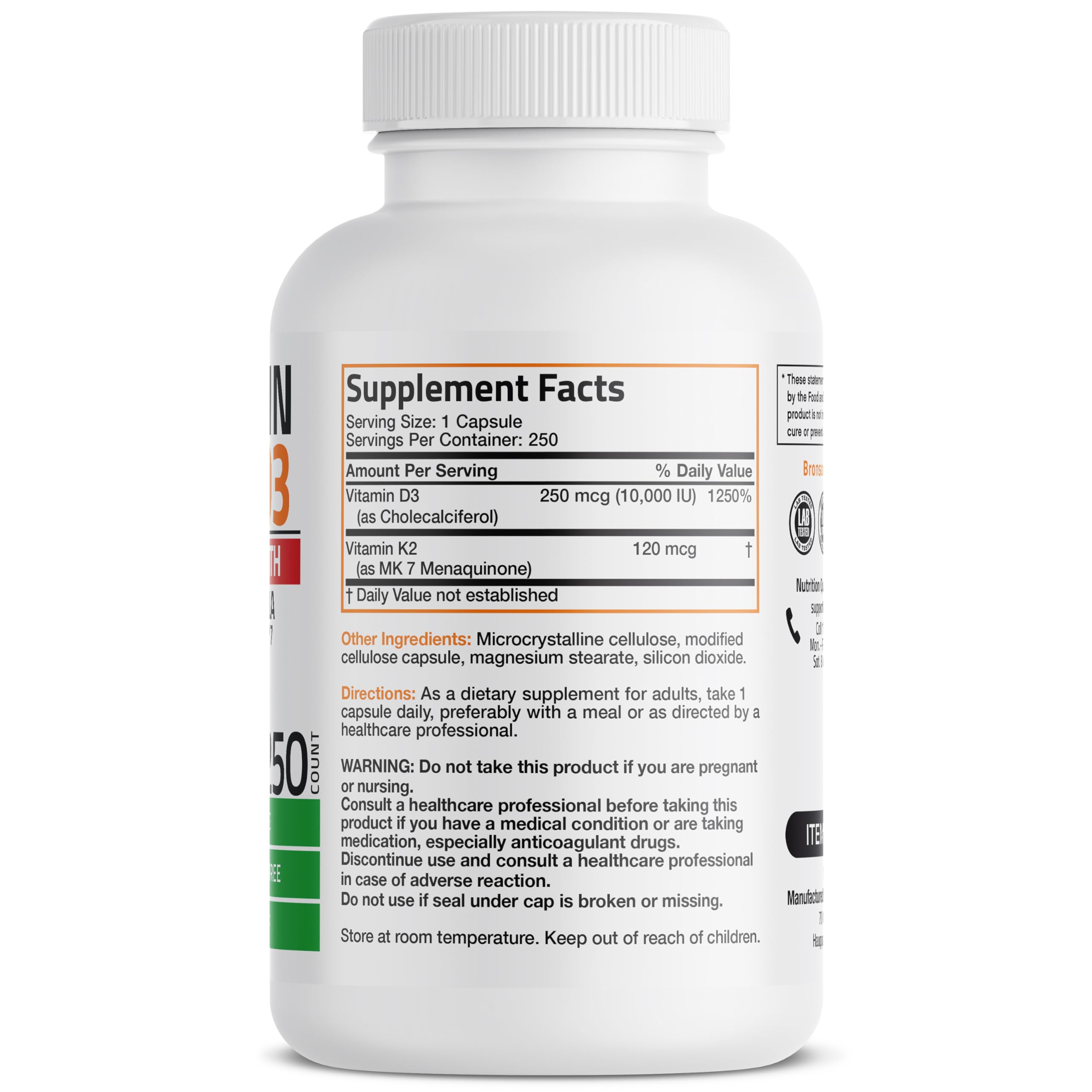 Bronson Extra Strength K2 + D3 10000 IU capsules side view