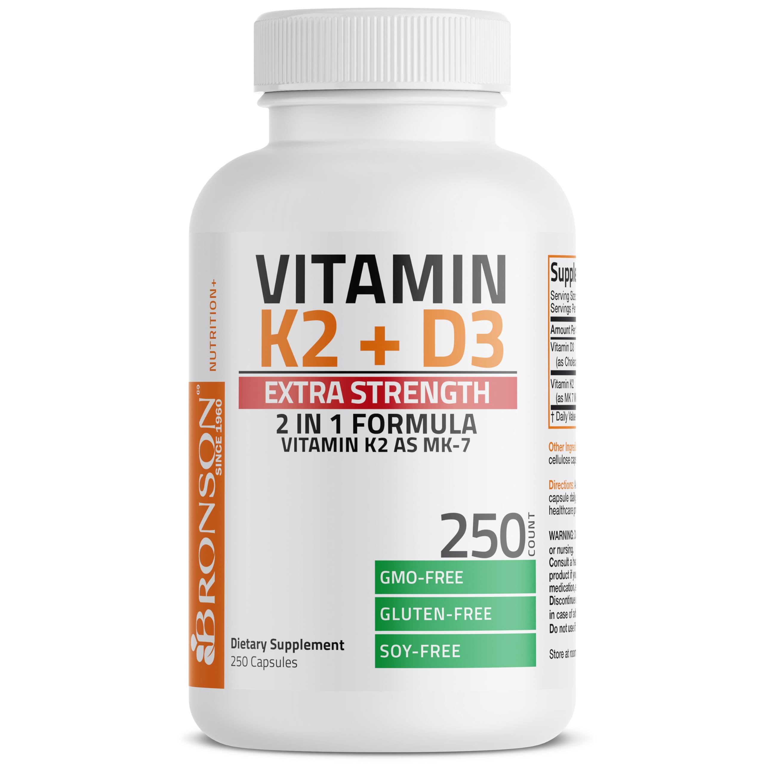 Bronson Extra Strength K2 + D3 10000 IU capsules with a measuring spoon