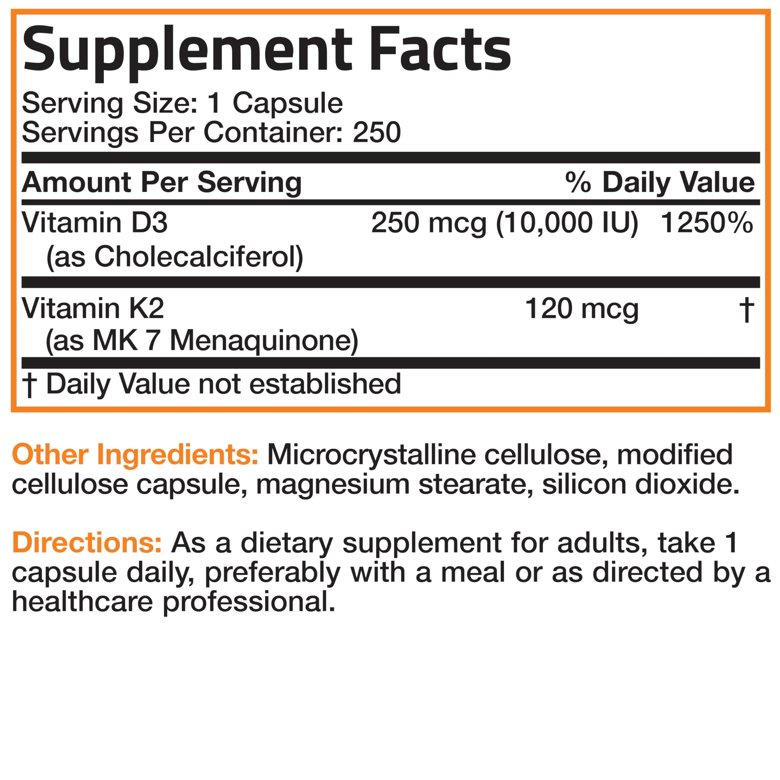 Bronson Extra Strength K2 + D3 10000 IU capsules with ingredients list