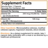 Bronson Extra Strength K2 + D3 10000 IU capsules with ingredients list