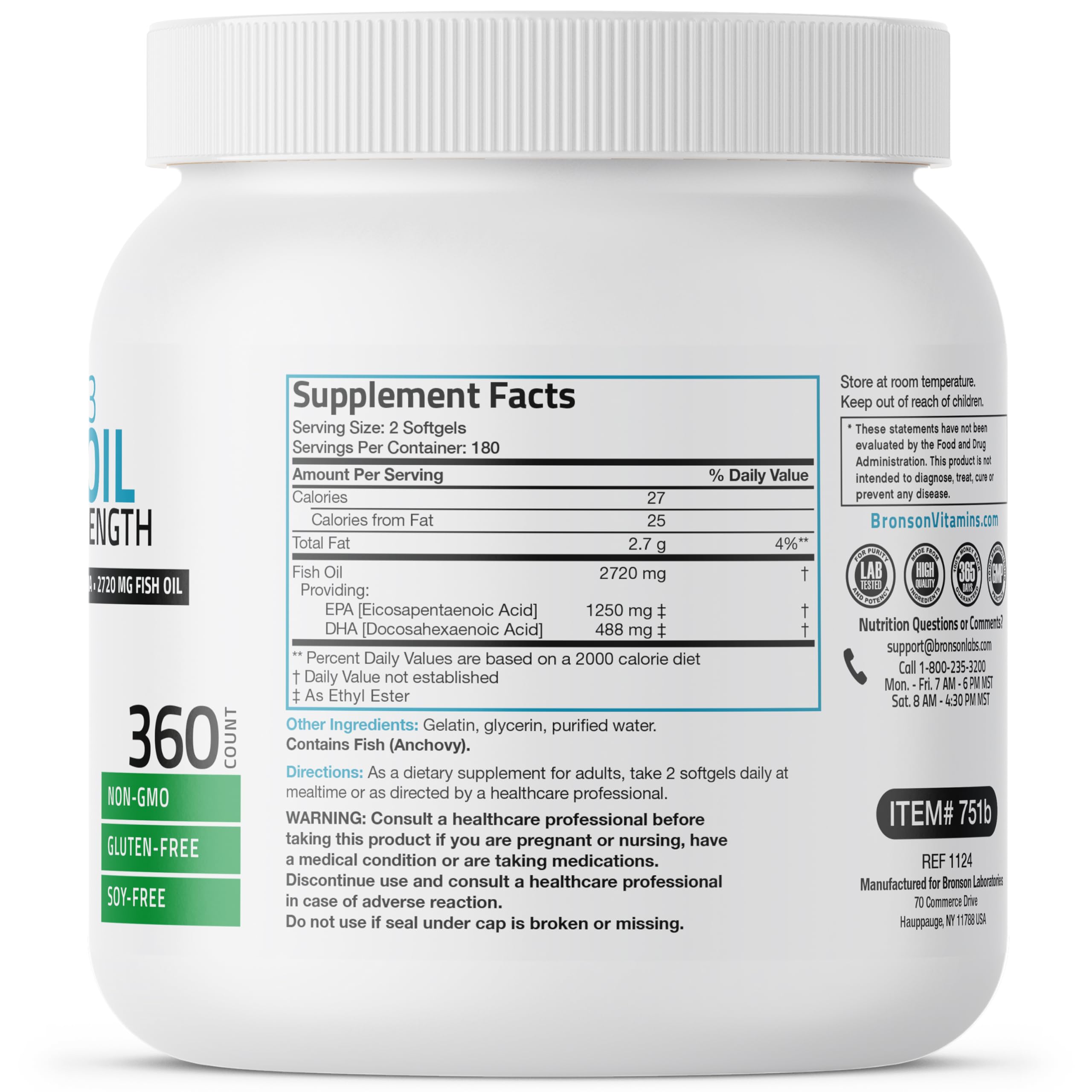 Bronson Fish Oil Supplement 757g side view with label