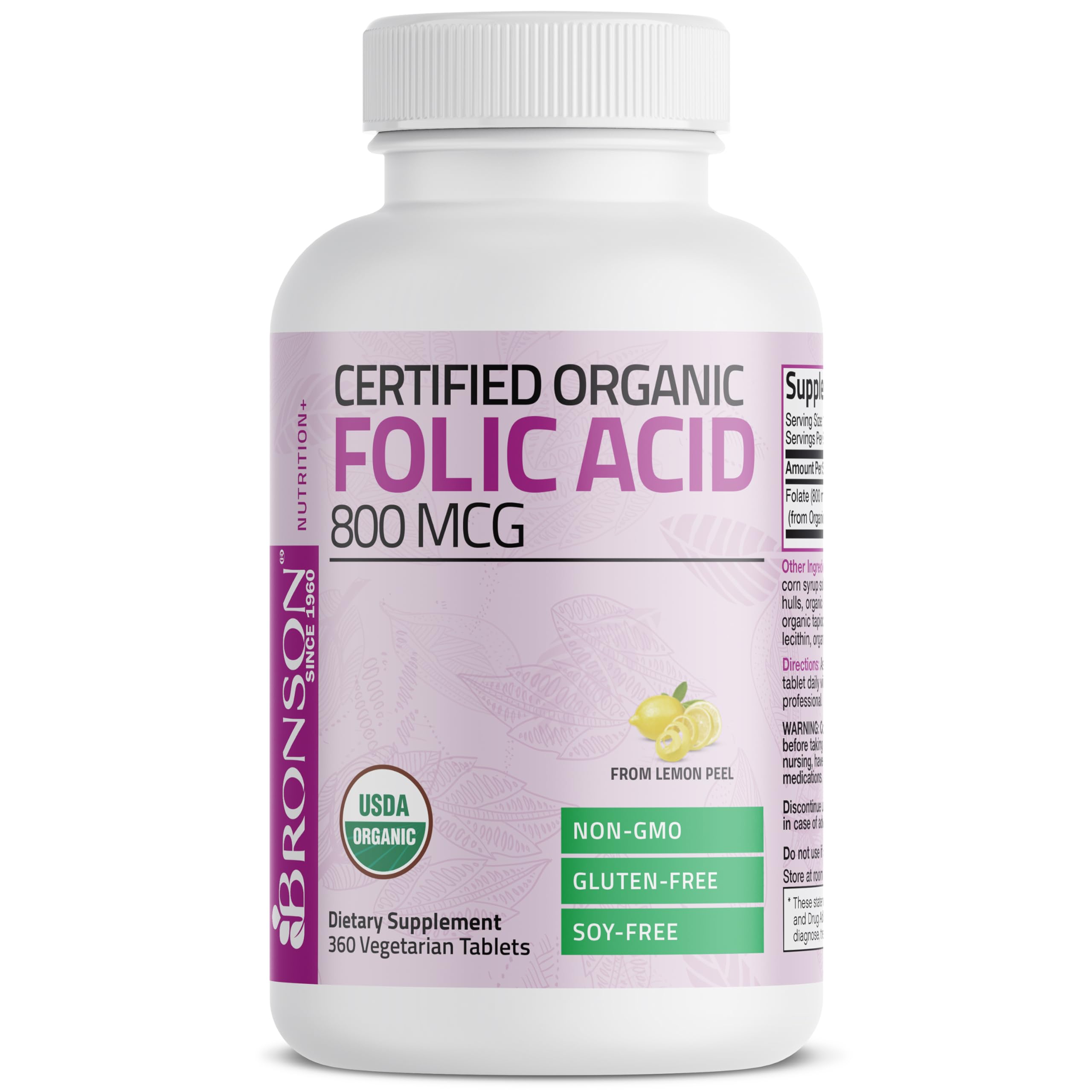 Bronson Folic Acid 800 mcg supplement back view showing ingredients