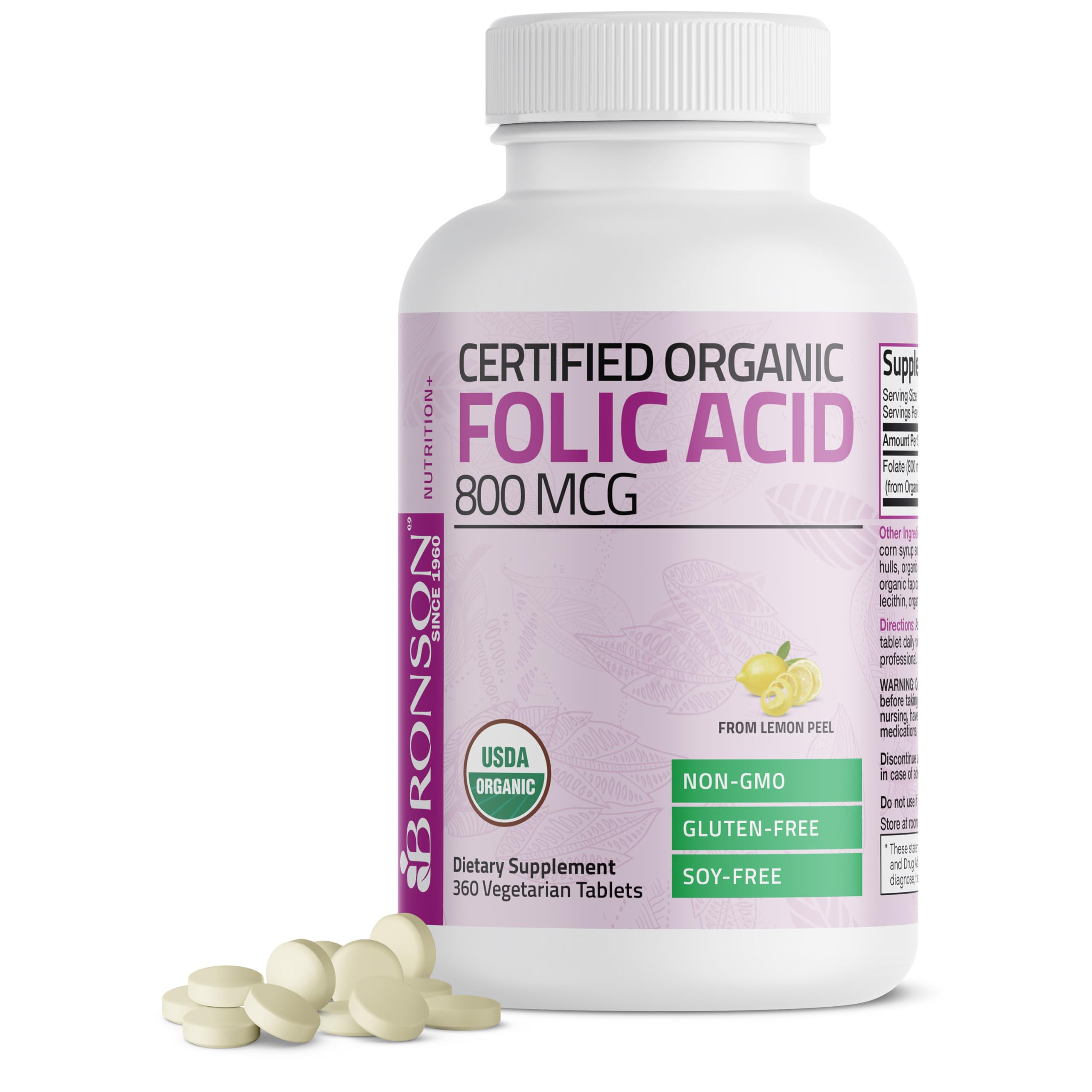 Bronson Folic Acid 800 mcg supplement bottle front view