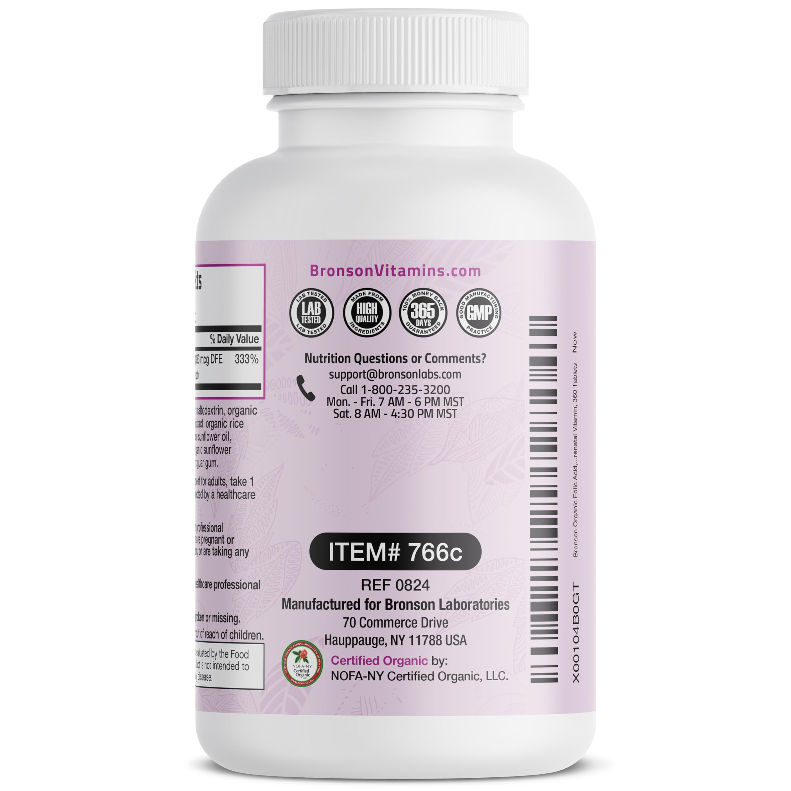 Bronson Folic Acid 800 mcg supplement on a wooden table