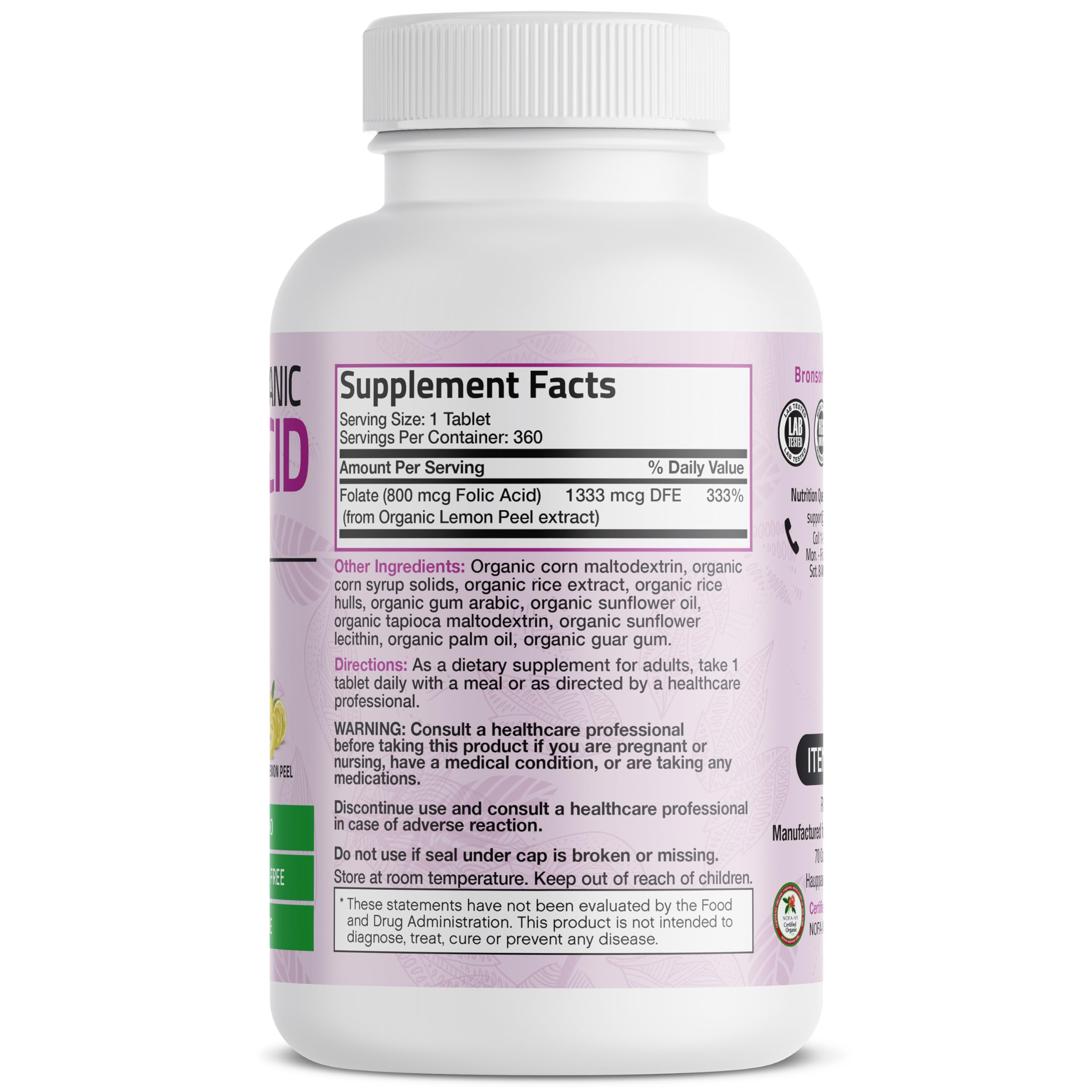 Bronson Folic Acid 800 mcg supplement side view with label