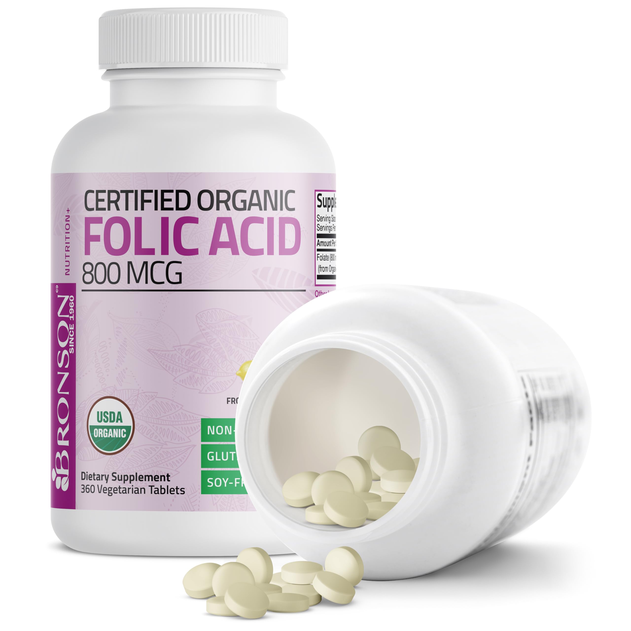 Bronson Folic Acid 800 mcg supplement with organic lemon peel extract