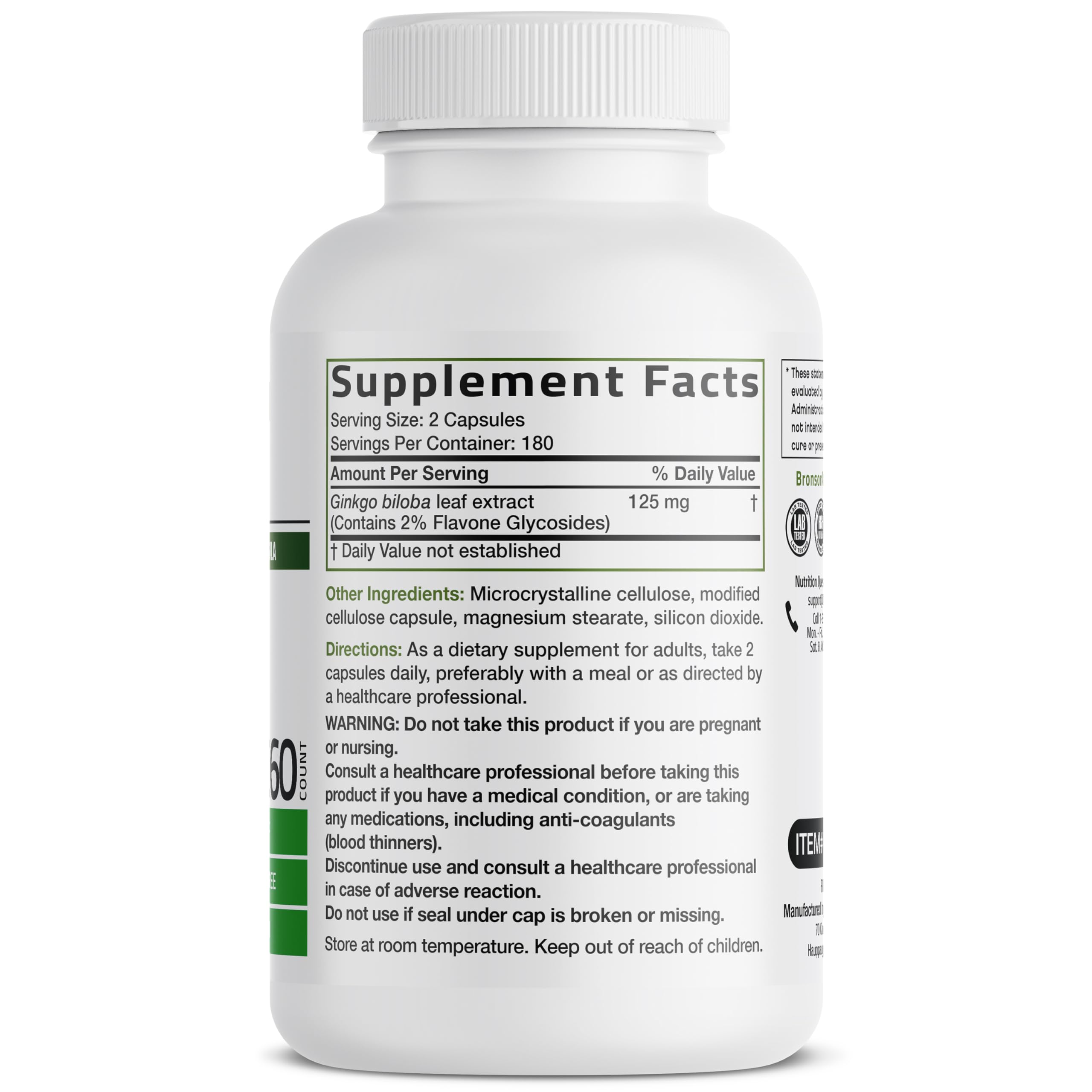 Bronson Ginkgo Biloba supplement bottle side view