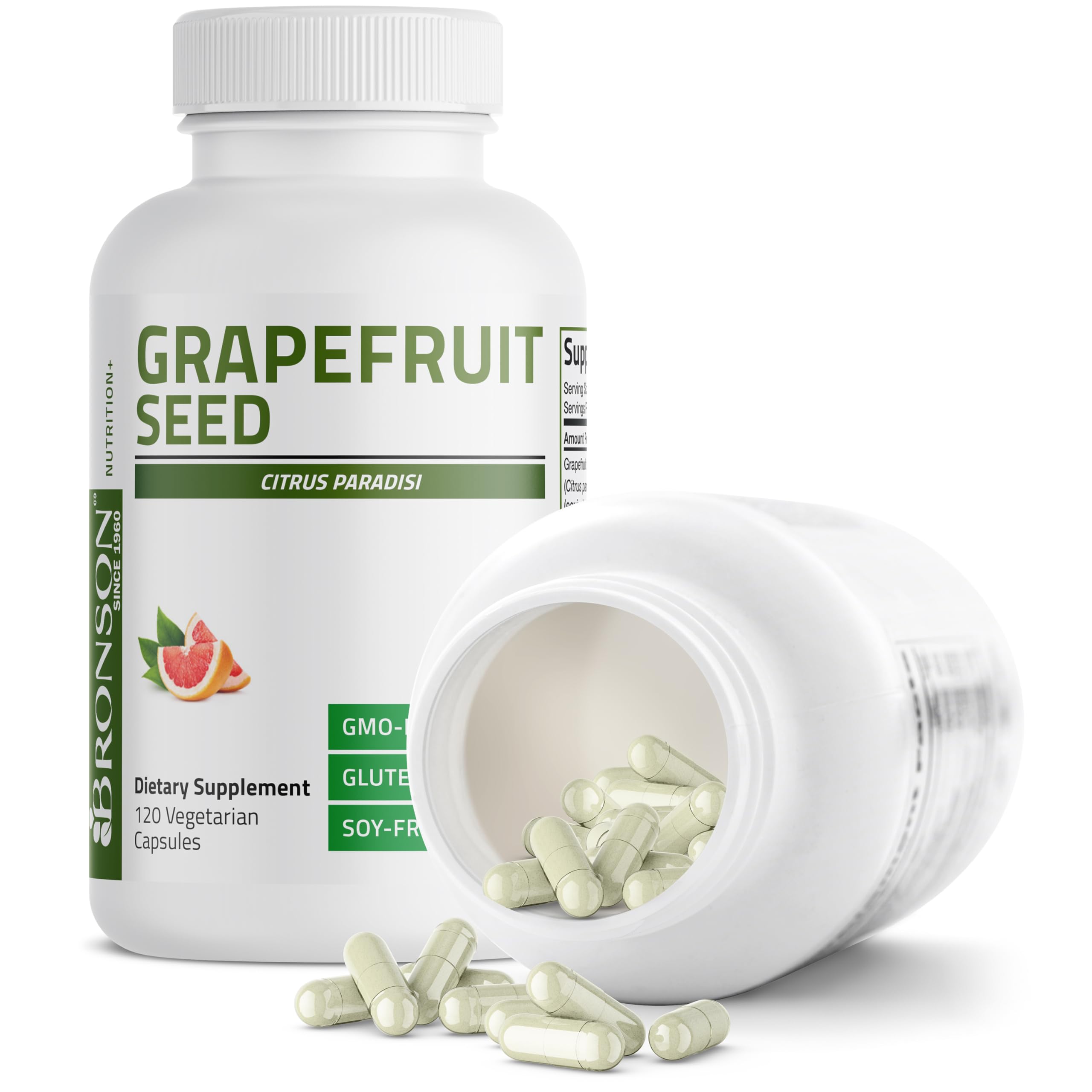 Bronson Grapefruit Seed Extract capsules on a wooden table