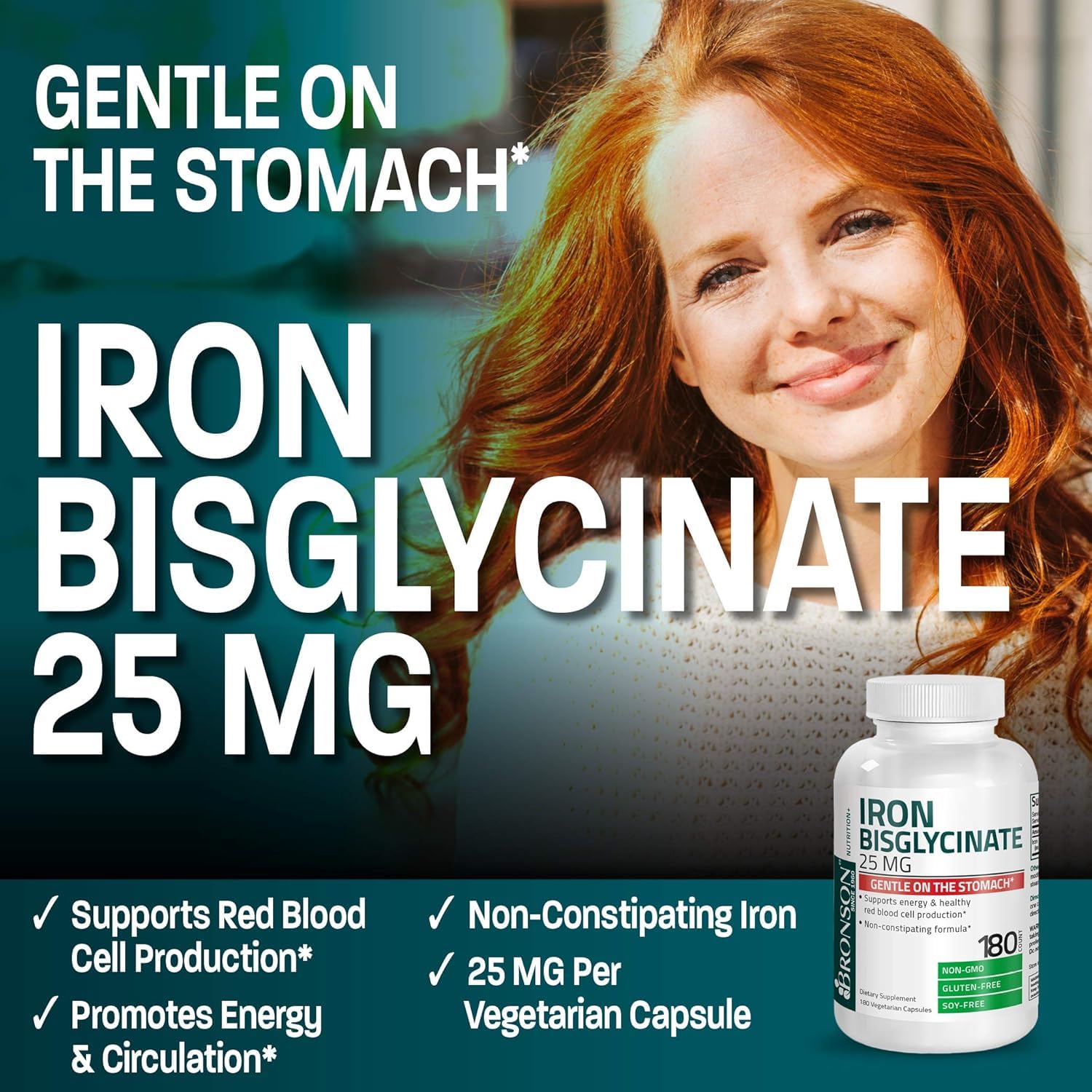 Bronson Iron Bisglycinate 25mg vegetarian capsules bottle with label