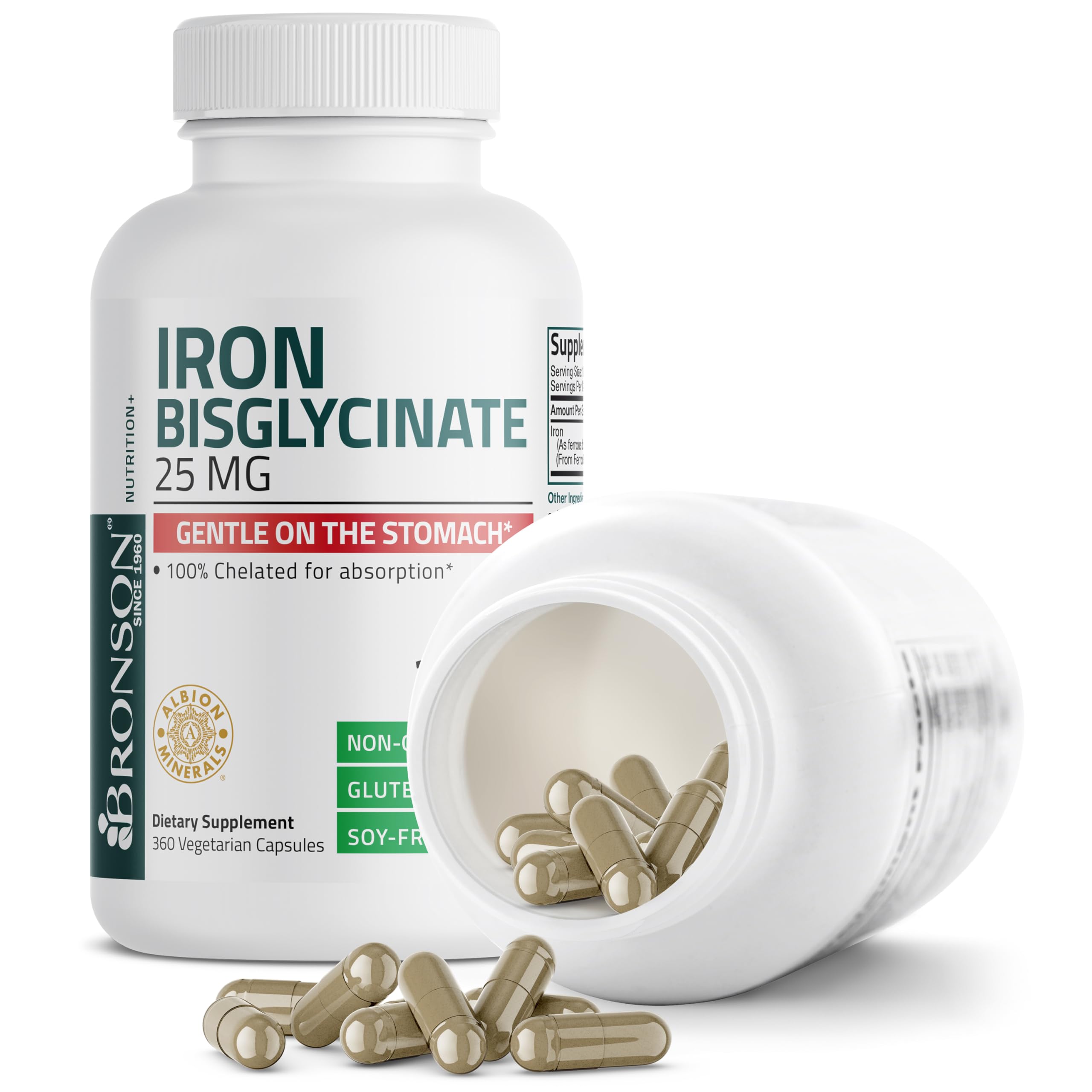 Bronson Iron Bisglycinate 25mg vegetarian capsules close-up