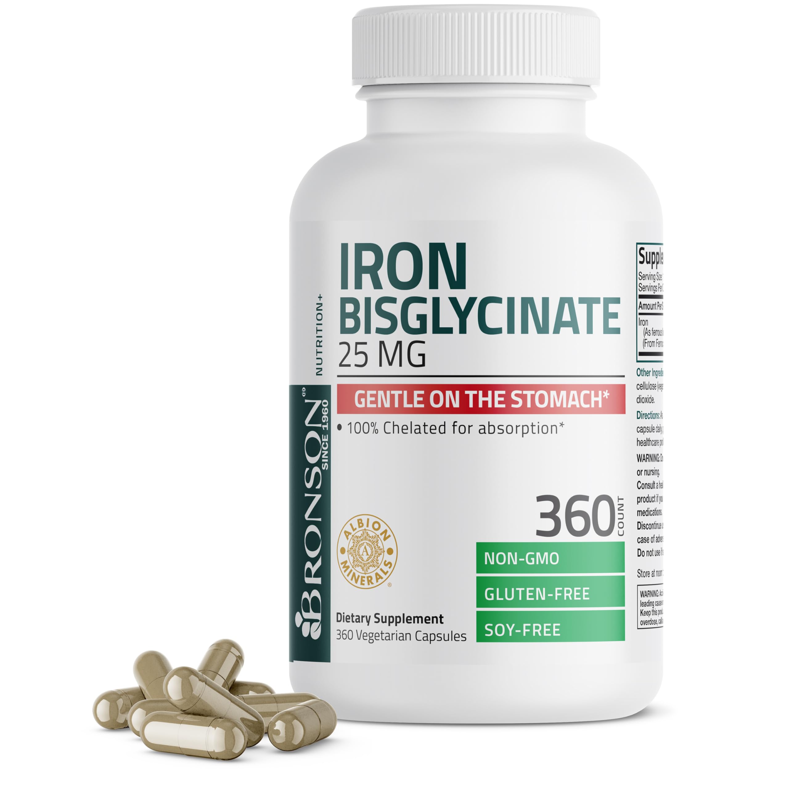 Bronson Iron Bisglycinate 25mg vegetarian capsules front view