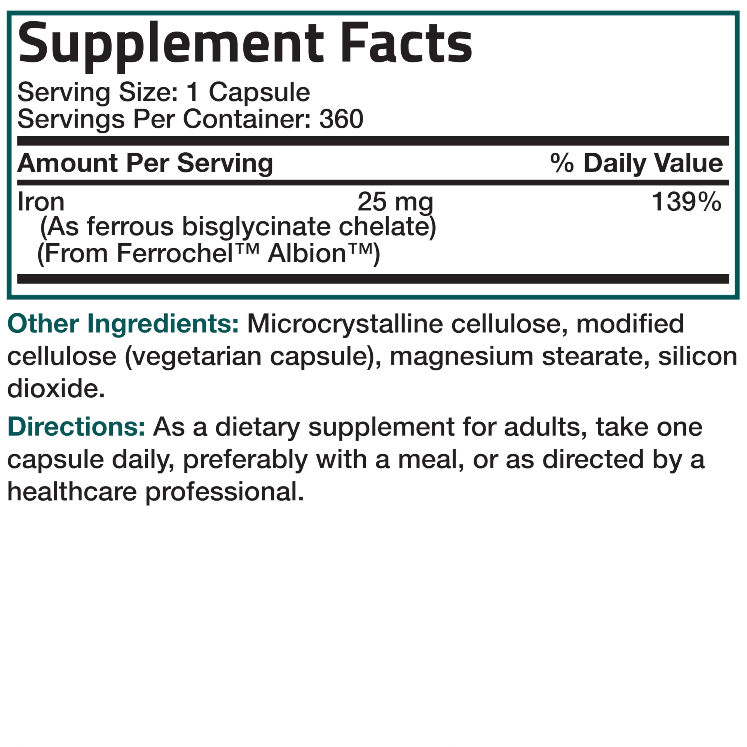 Bronson Iron Bisglycinate 25mg vegetarian capsules packaging