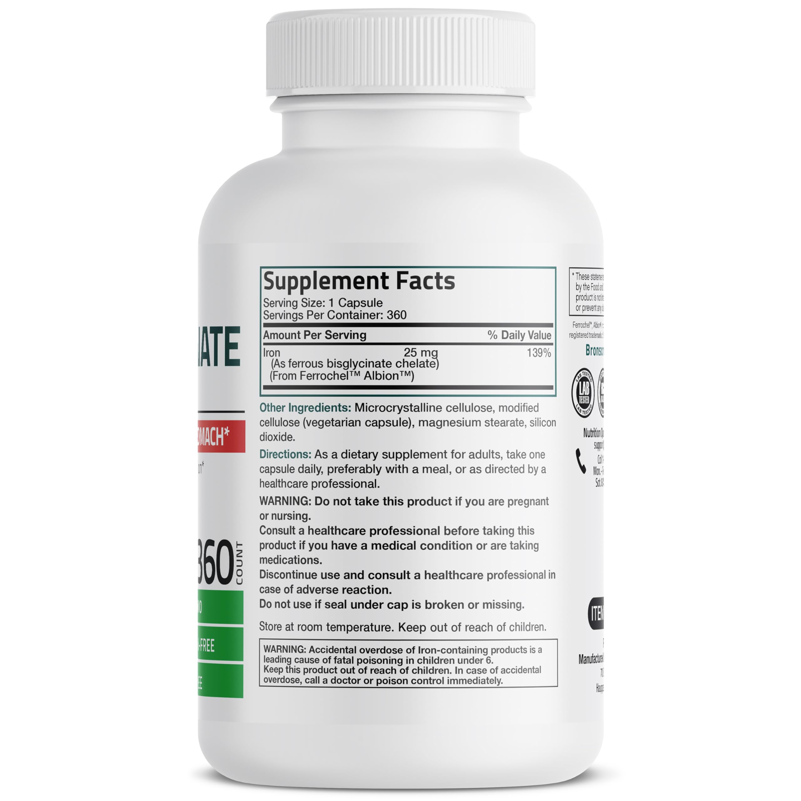Bronson Iron Bisglycinate 25mg vegetarian capsules side view