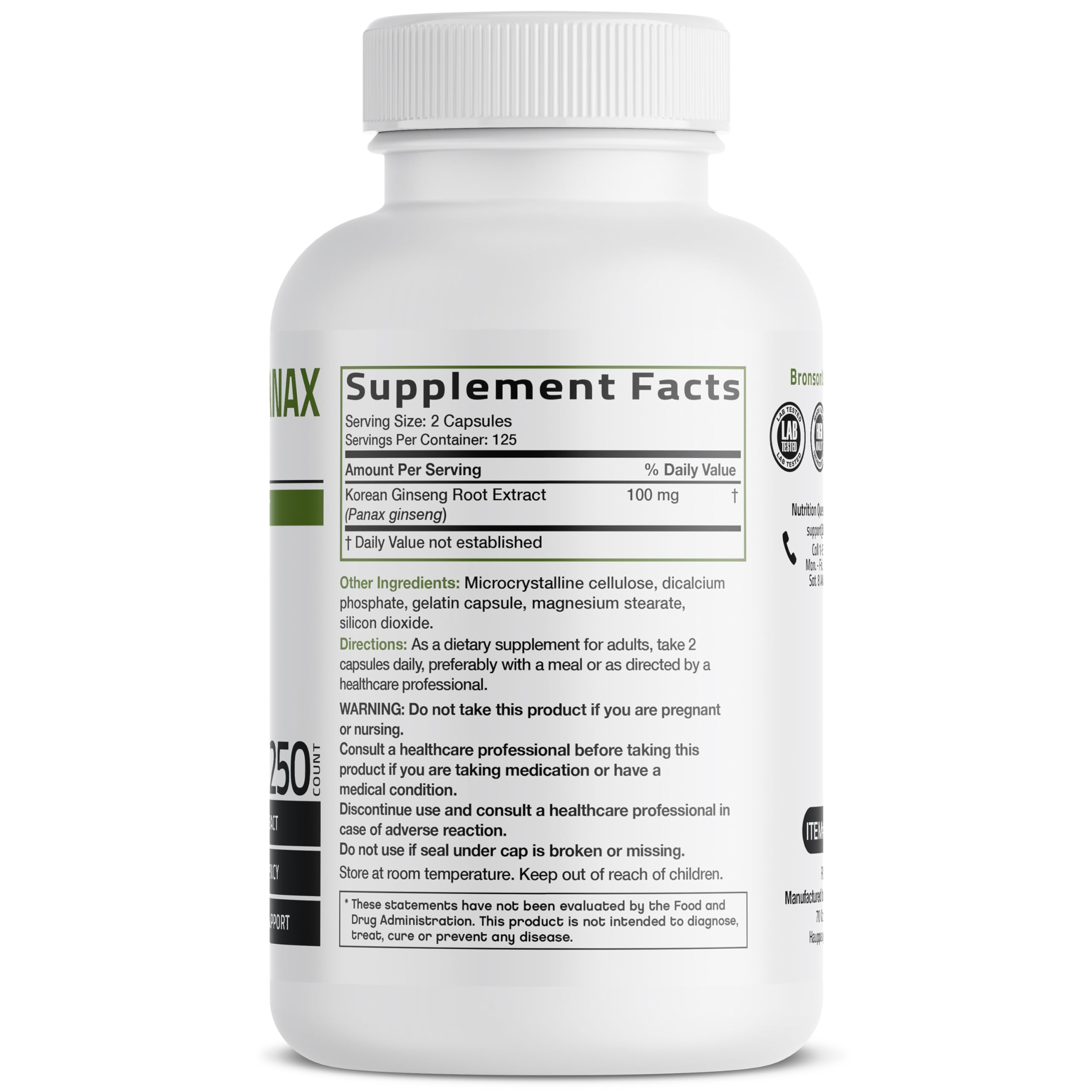 Bronson Korean Panax Ginseng 1000mg capsules side view