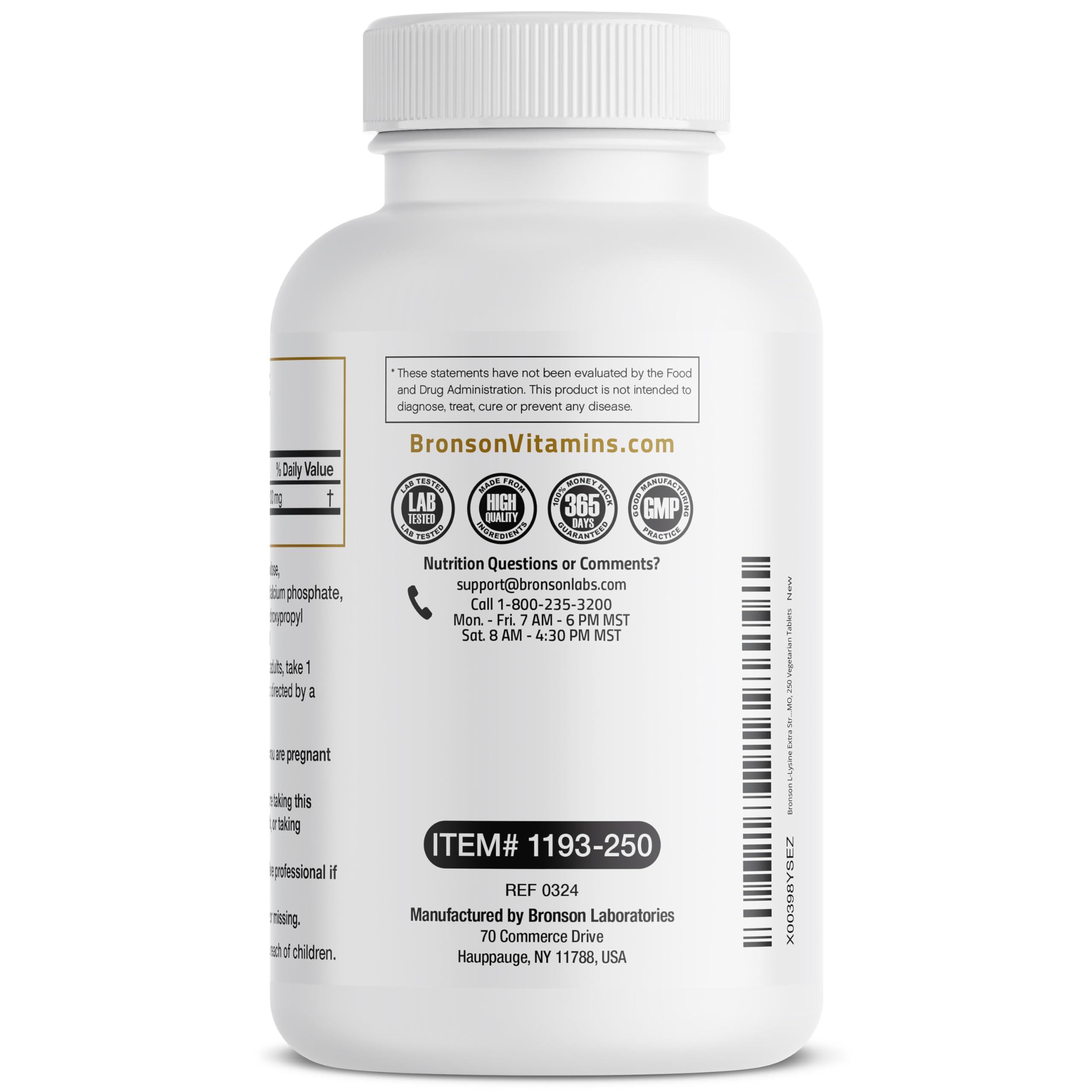 Bronson L-Lysine Extra Strength 1000 MG Vegetarian Tablets side view