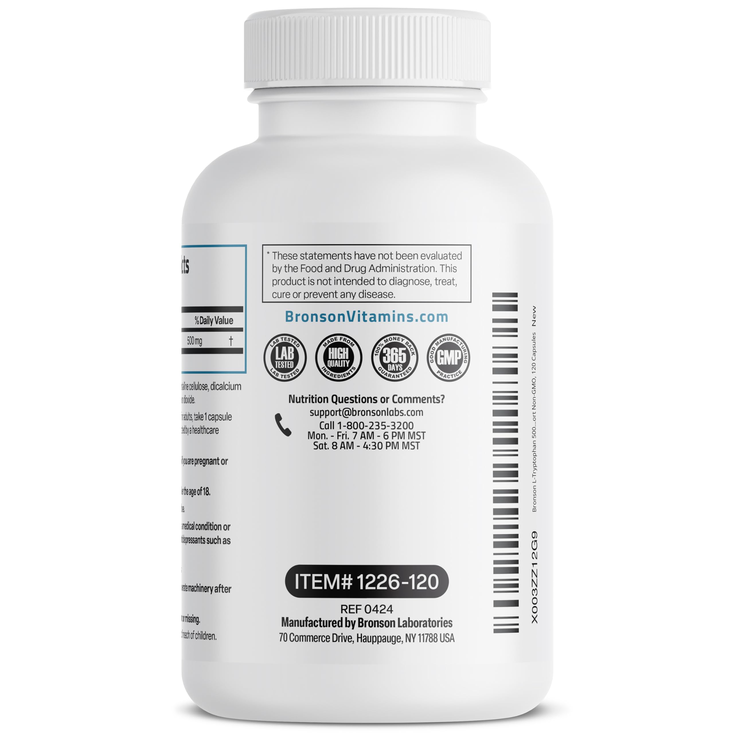 Bronson L-Tryptophan 500 MG capsules back view