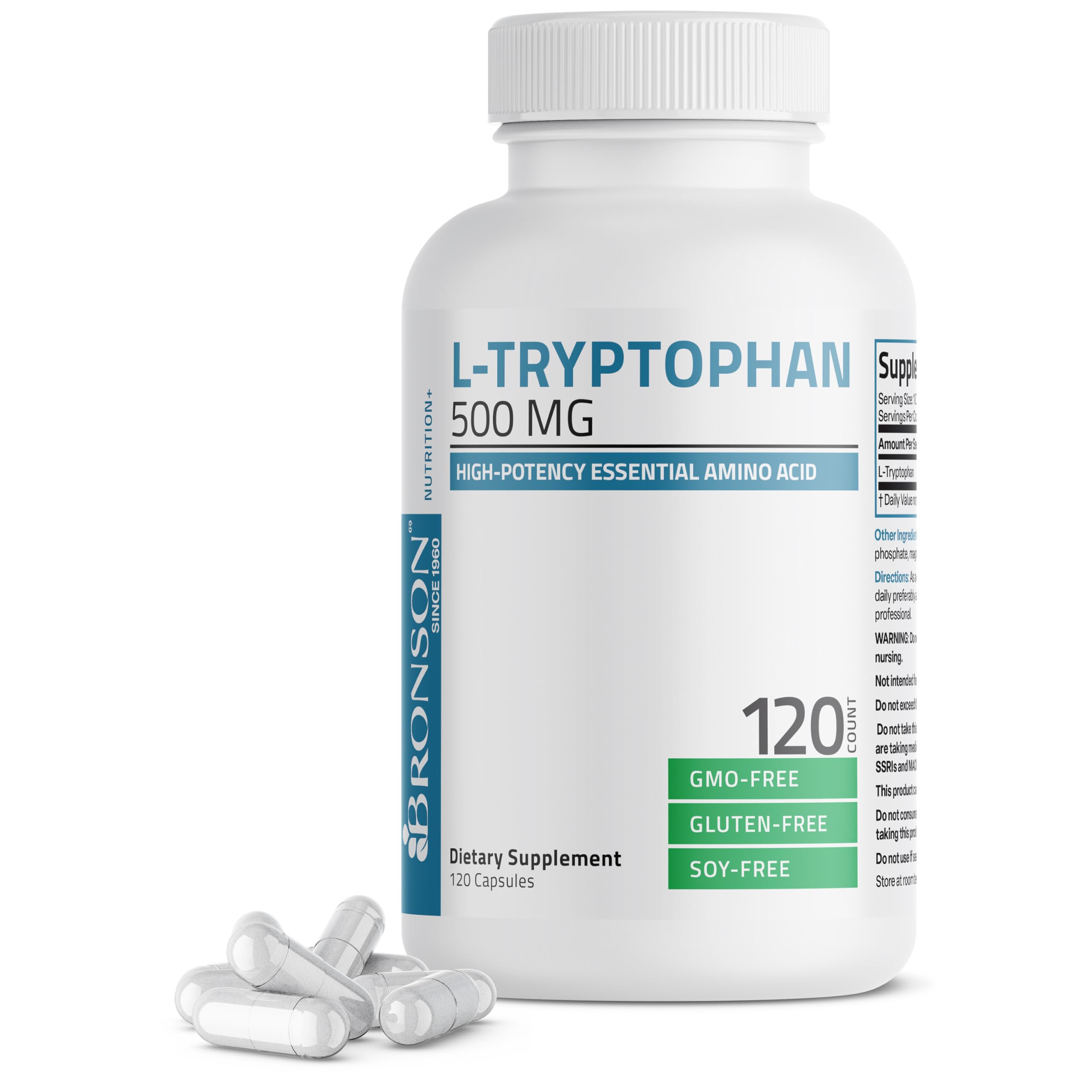 Bronson L-Tryptophan 500 MG capsules front view