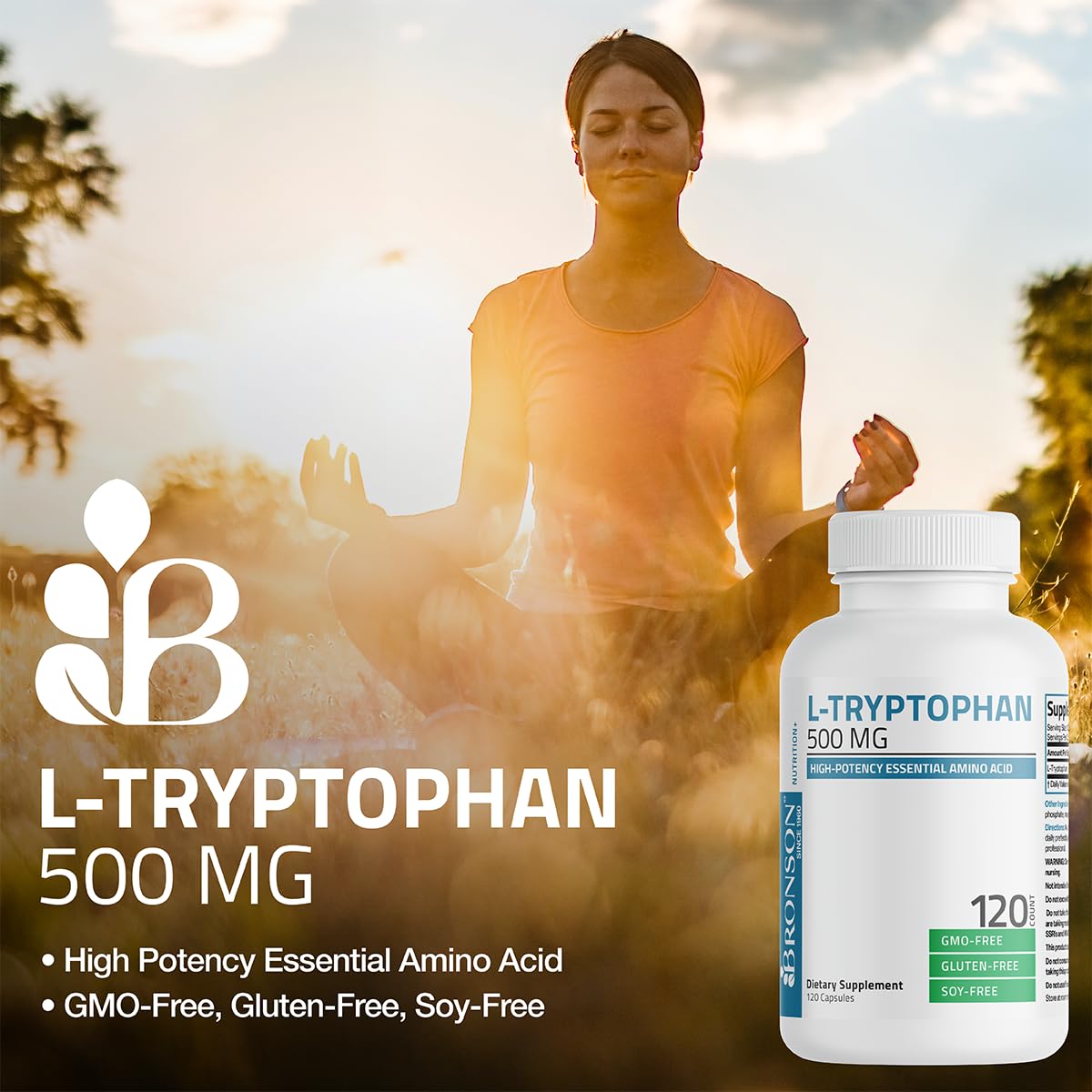 Bronson L-Tryptophan 500 MG capsules on a wooden table