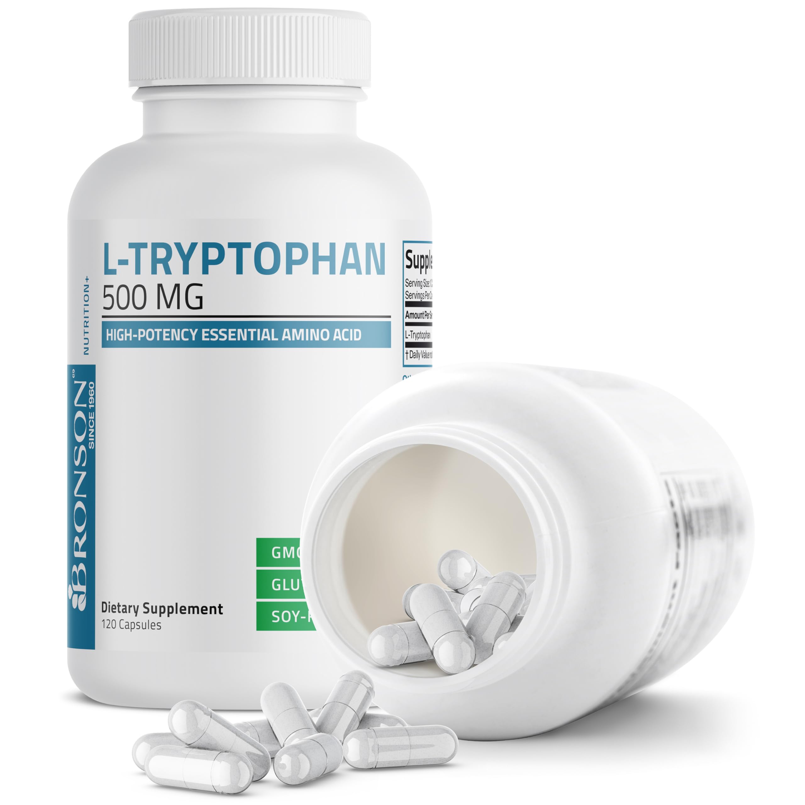 Bronson L-Tryptophan 500 MG capsules with measuring spoon