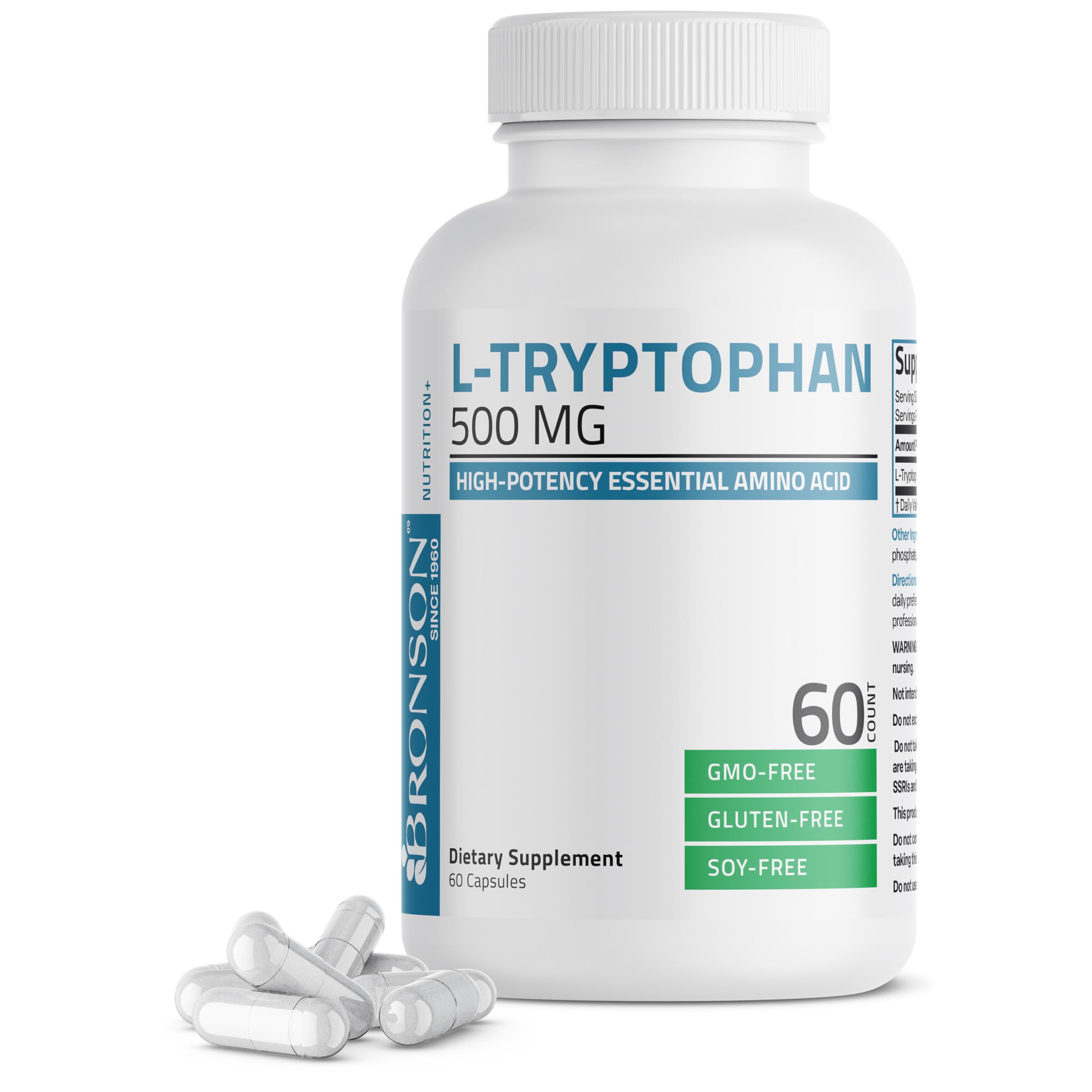 Bronson L-Tryptophan 500mg supplement capsules front view
