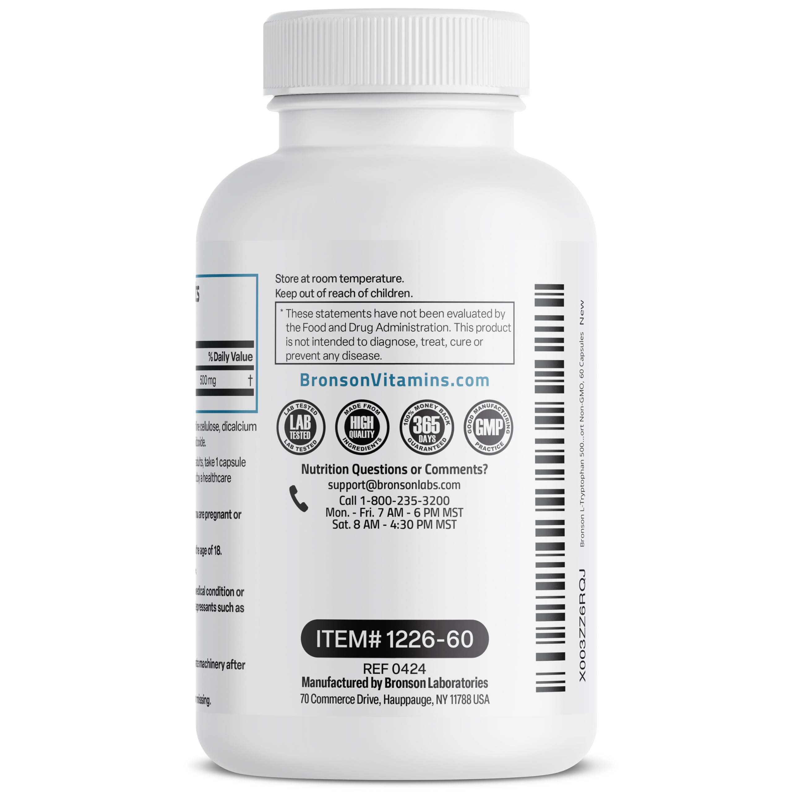 Bronson L-Tryptophan 500mg supplement capsules opened bottle