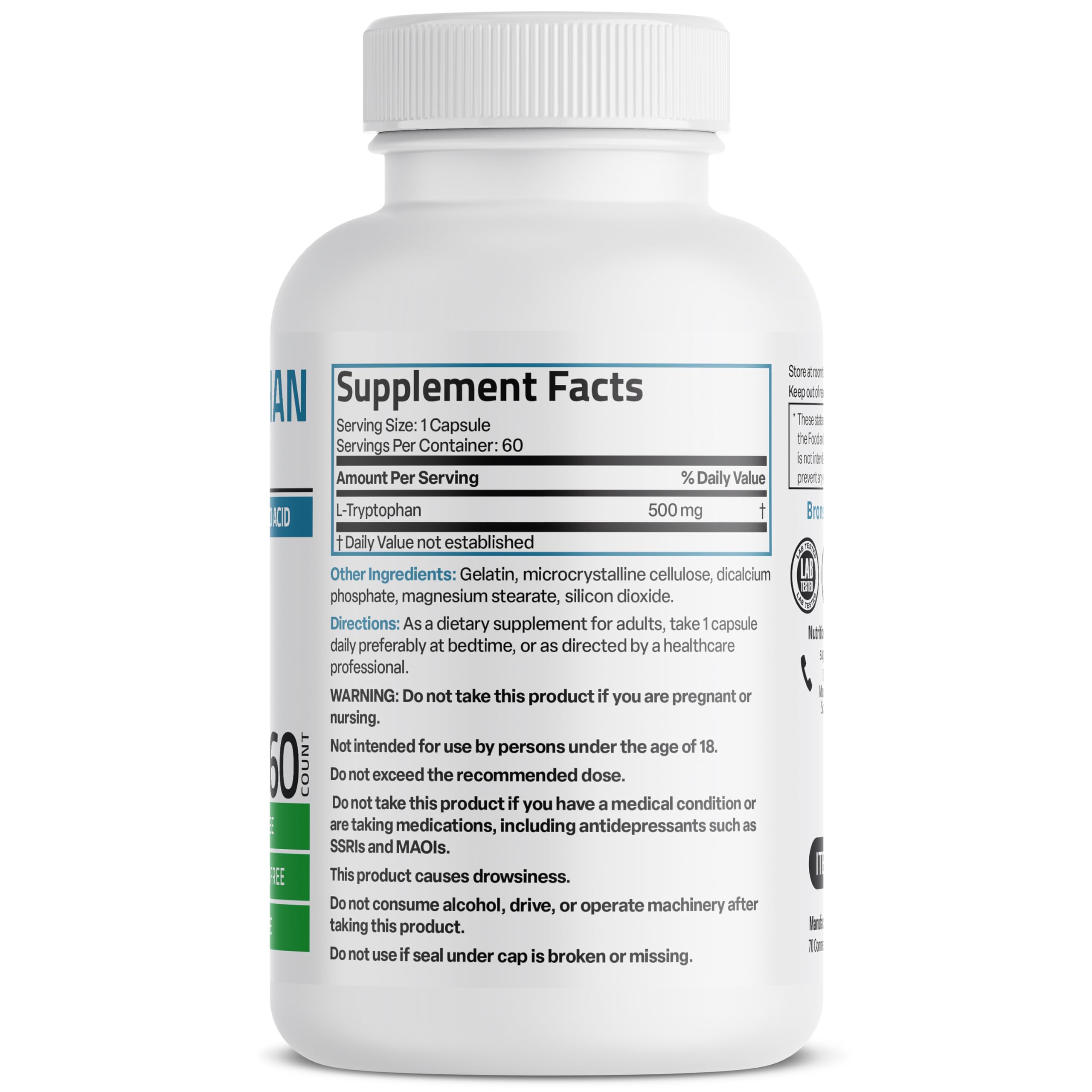 Bronson L-Tryptophan 500mg supplement capsules side view