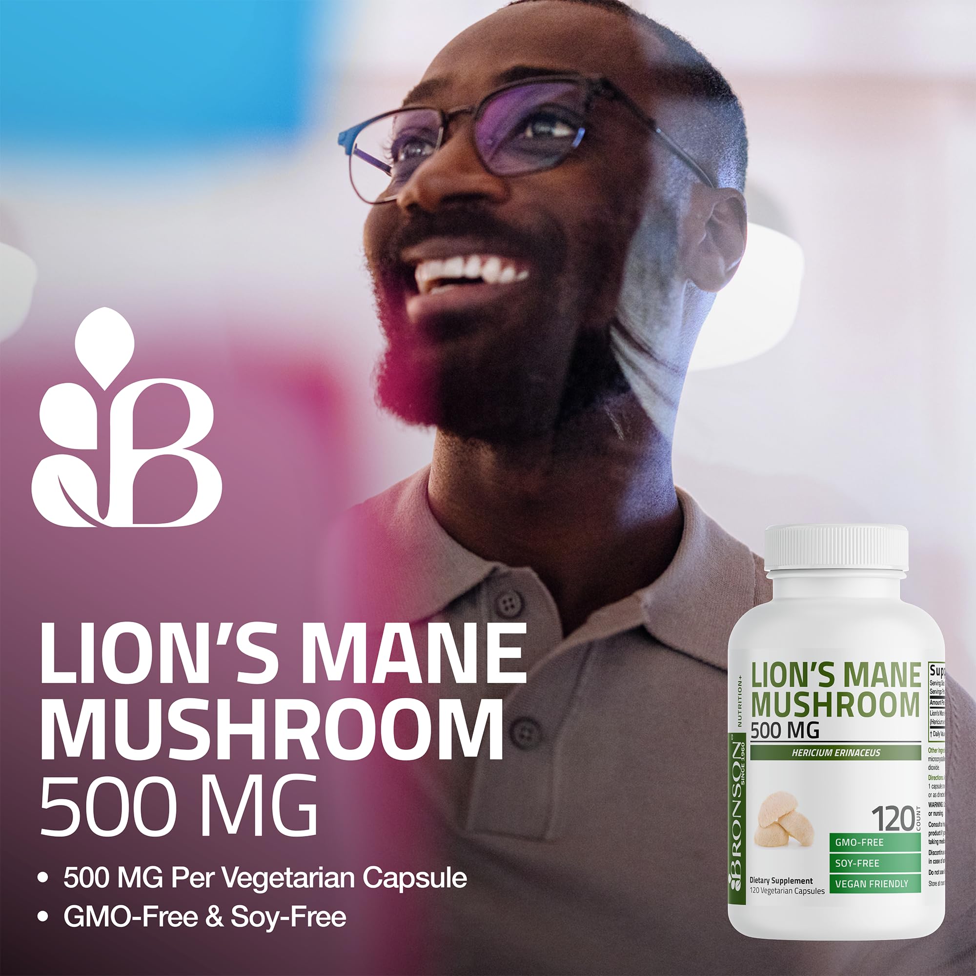 Bronson Lion's Mane Mushroom 500MG capsules bottle with label