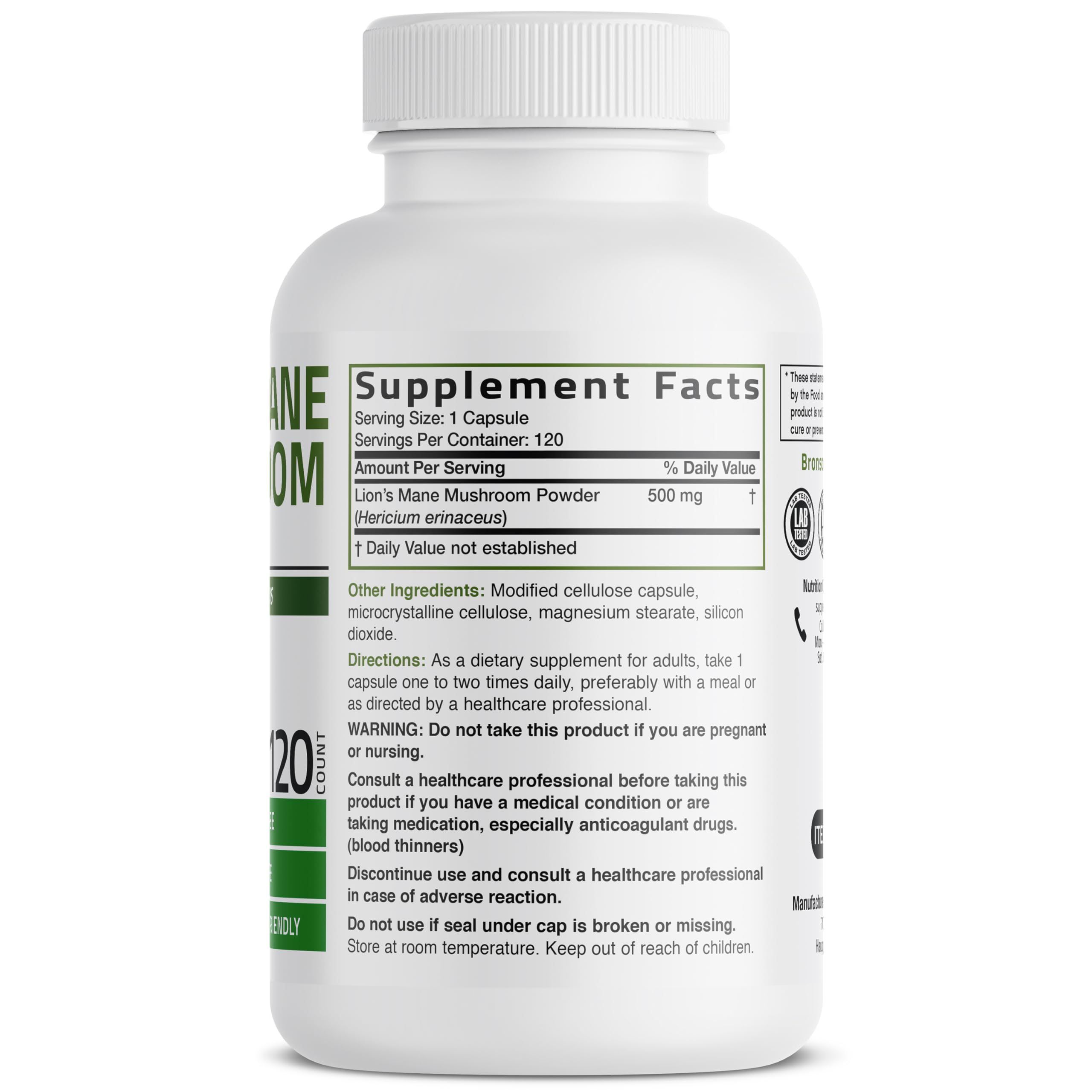 Bronson Lion's Mane Mushroom 500MG capsules side view